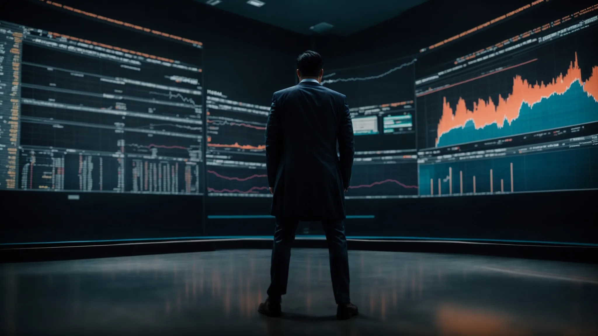 a determined entrepreneur stands before a large digital screen, analyzing dynamic market graphs and financial charts.