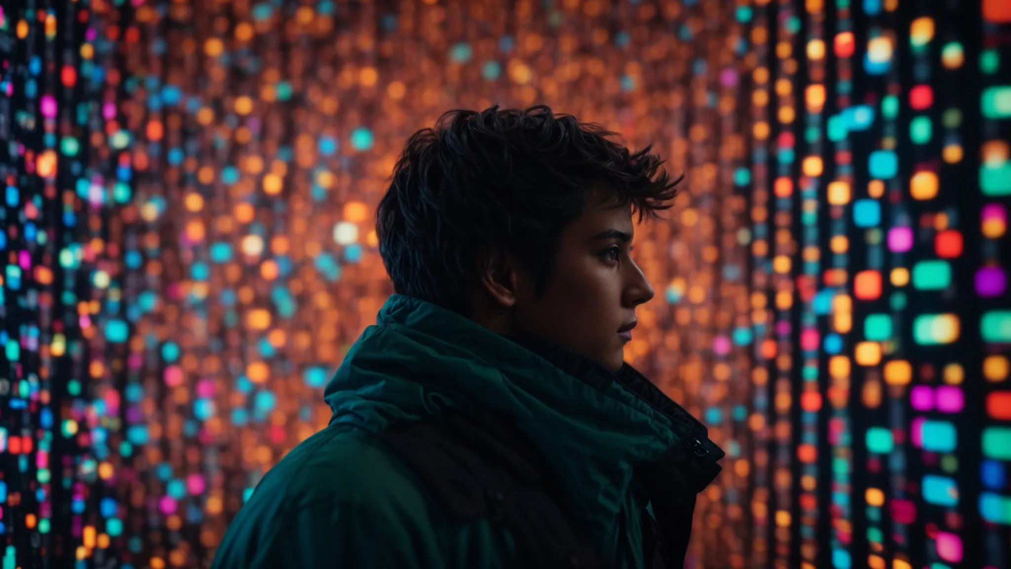 a focused individual gazes intently at a giant digital screen displaying colorful, interconnected nodes representing various topics.