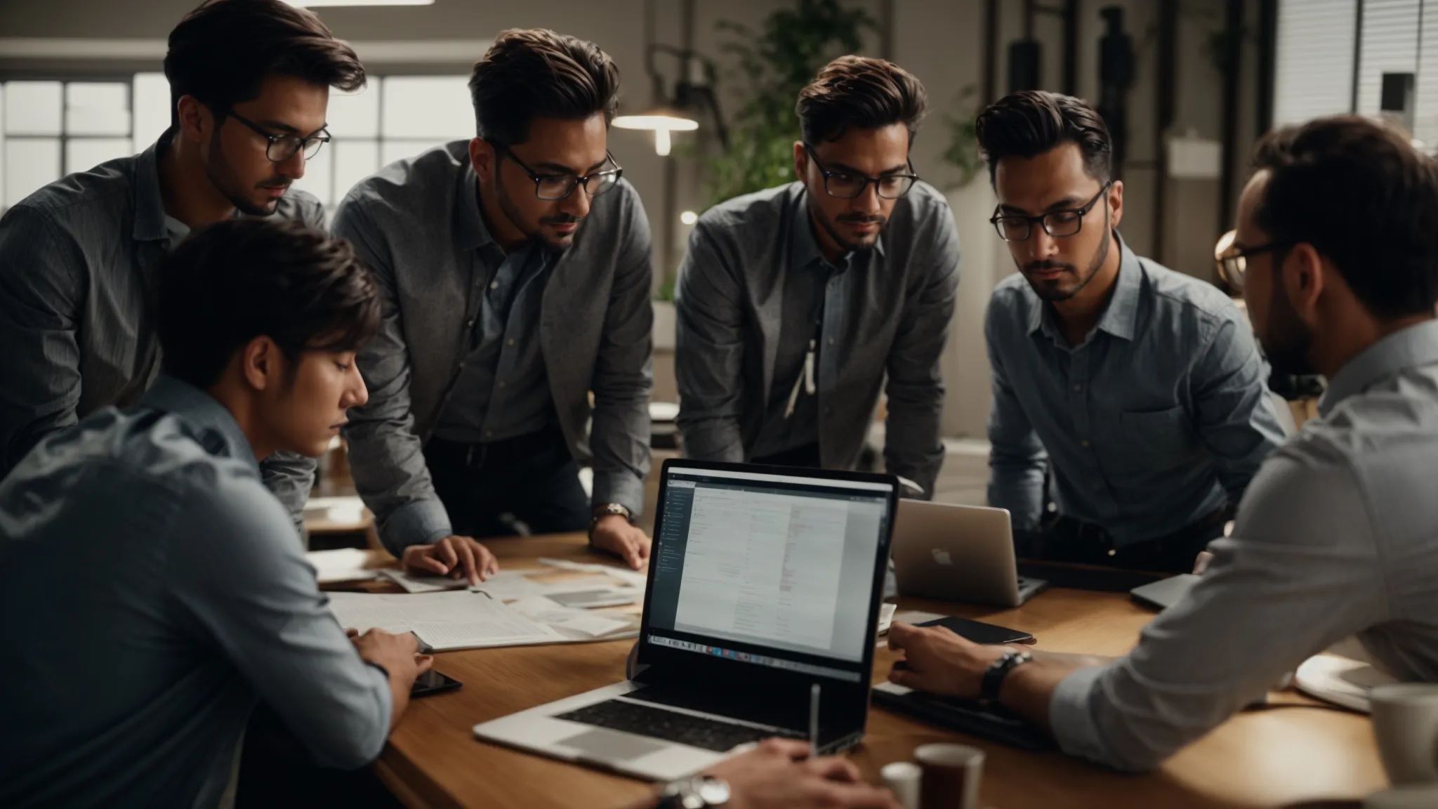 a digital marketing team huddles around a computer, analyzing graphs and strategy documents.