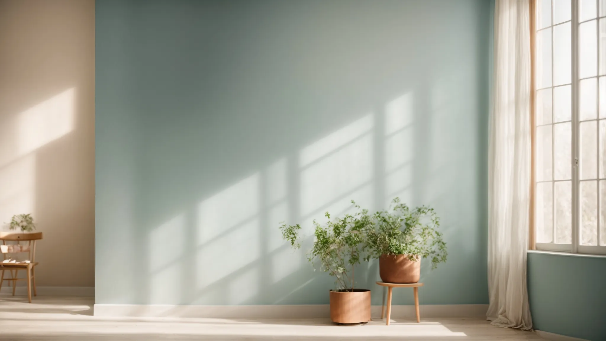a wall painted in soothing colors reflects natural light streaming in through a large window, highlighting the room's serene and cohesive design.