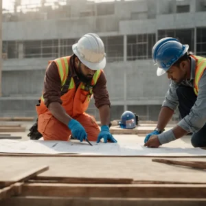 two construction workers in safety gear are engaged in discussion with a blueprint spread out on a table between them.