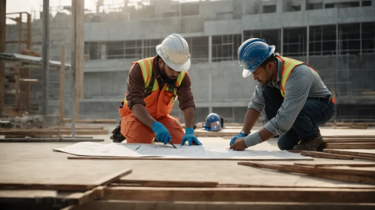 two construction workers in safety gear are engaged in discussion with a blueprint spread out on a table between them.
