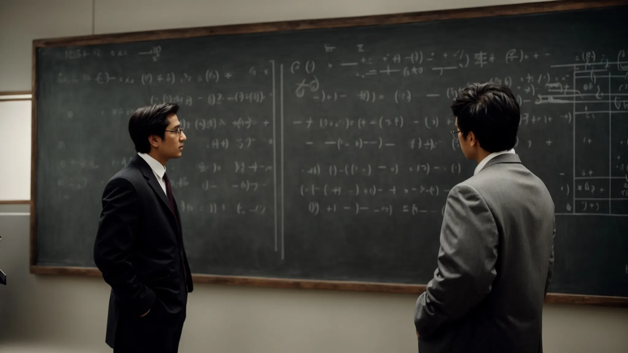 two scholars stand beside a large blackboard filled with complex equations, deeply engrossed in a thoughtful discussion.