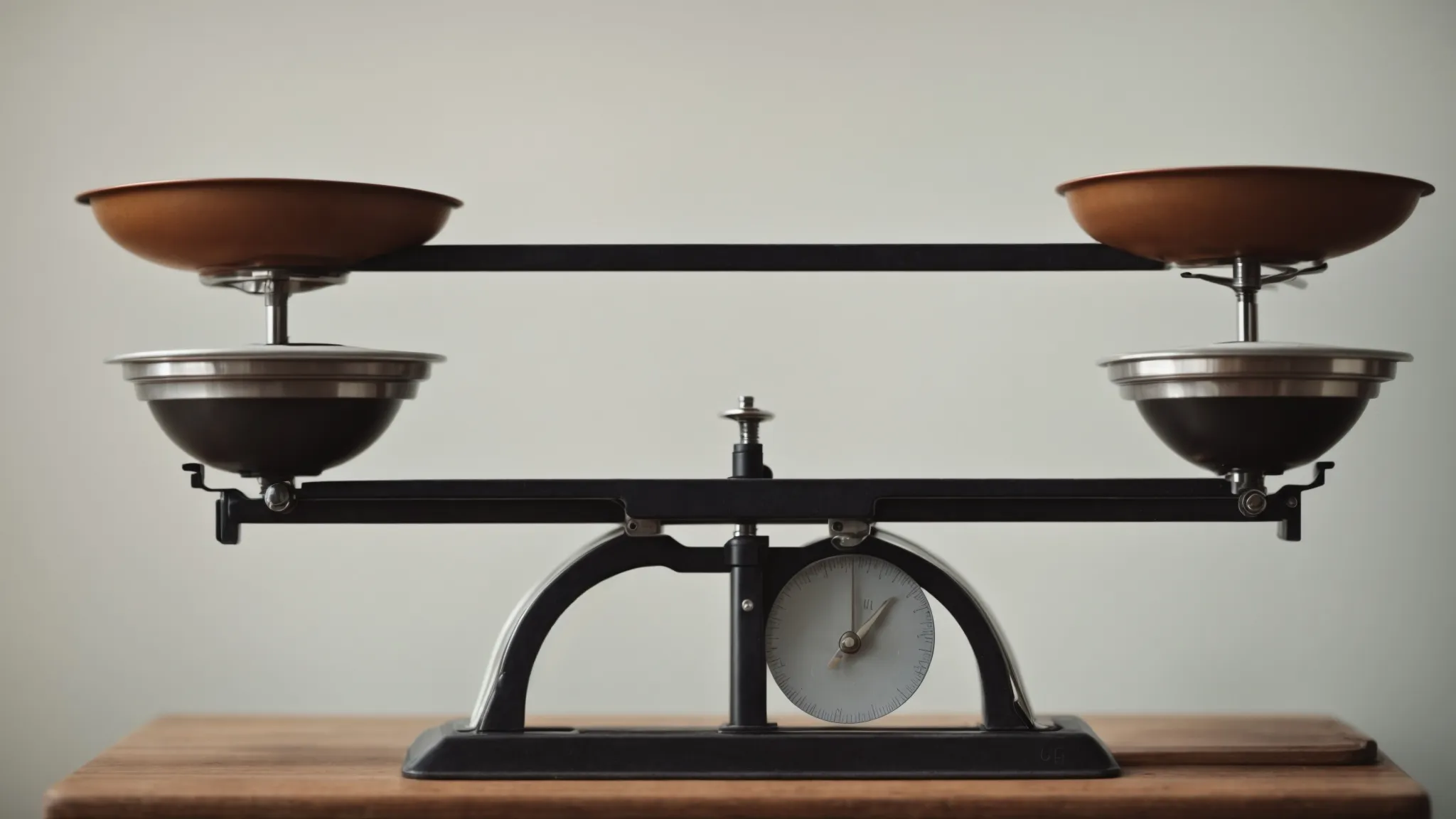 a balance scale equally leveled with identical weights on both sides.
