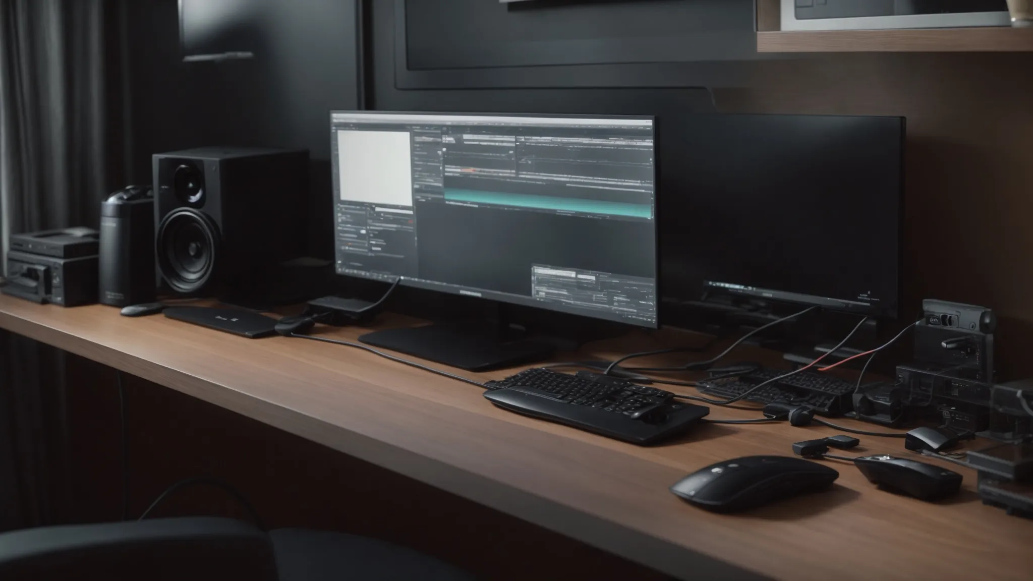 a neat desk with a monitor, keyboard, and mouse, all with cables neatly routed and organized towards a power strip behind the desk.
