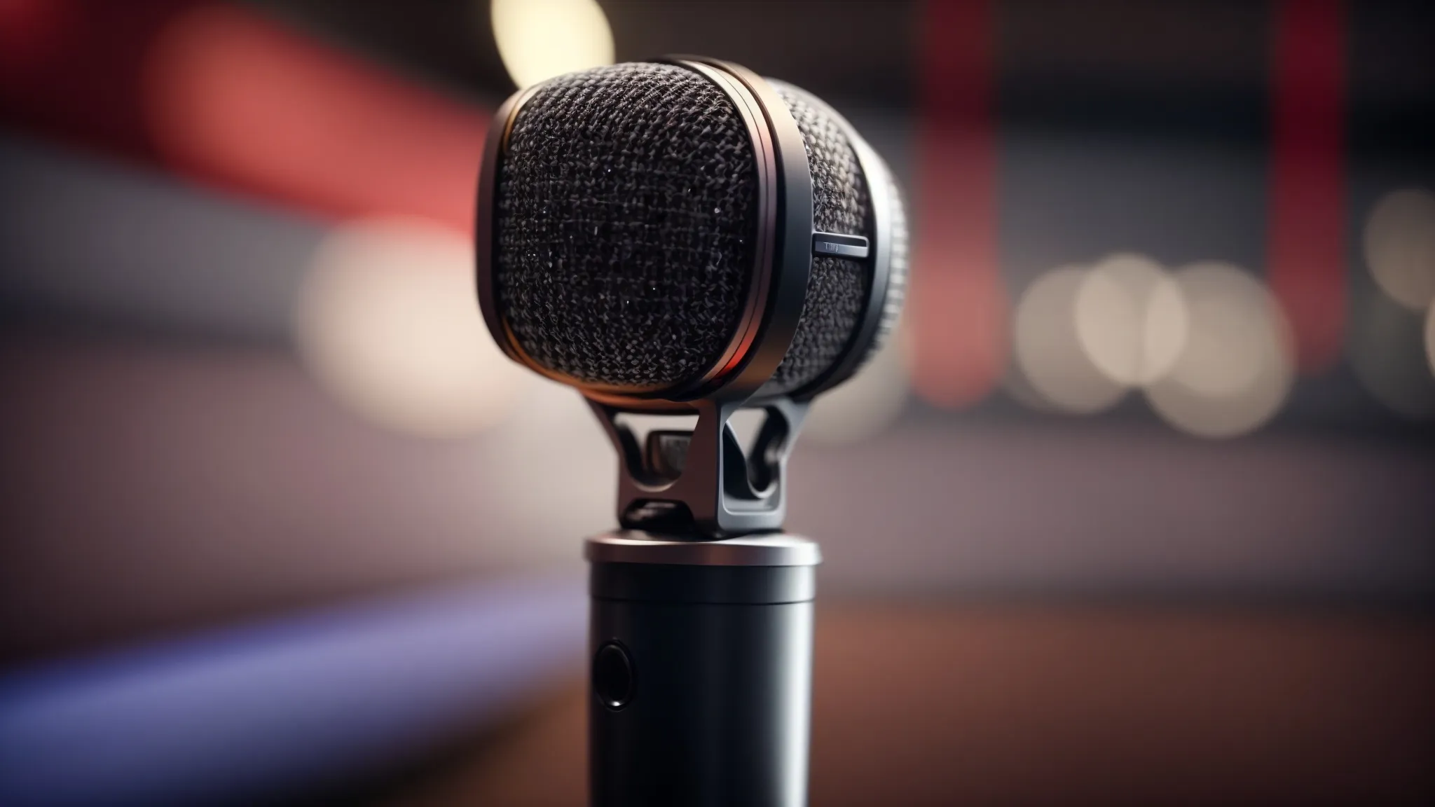 a close-up of a microphone against a blurred background symbolizing the focus on voice search technology.