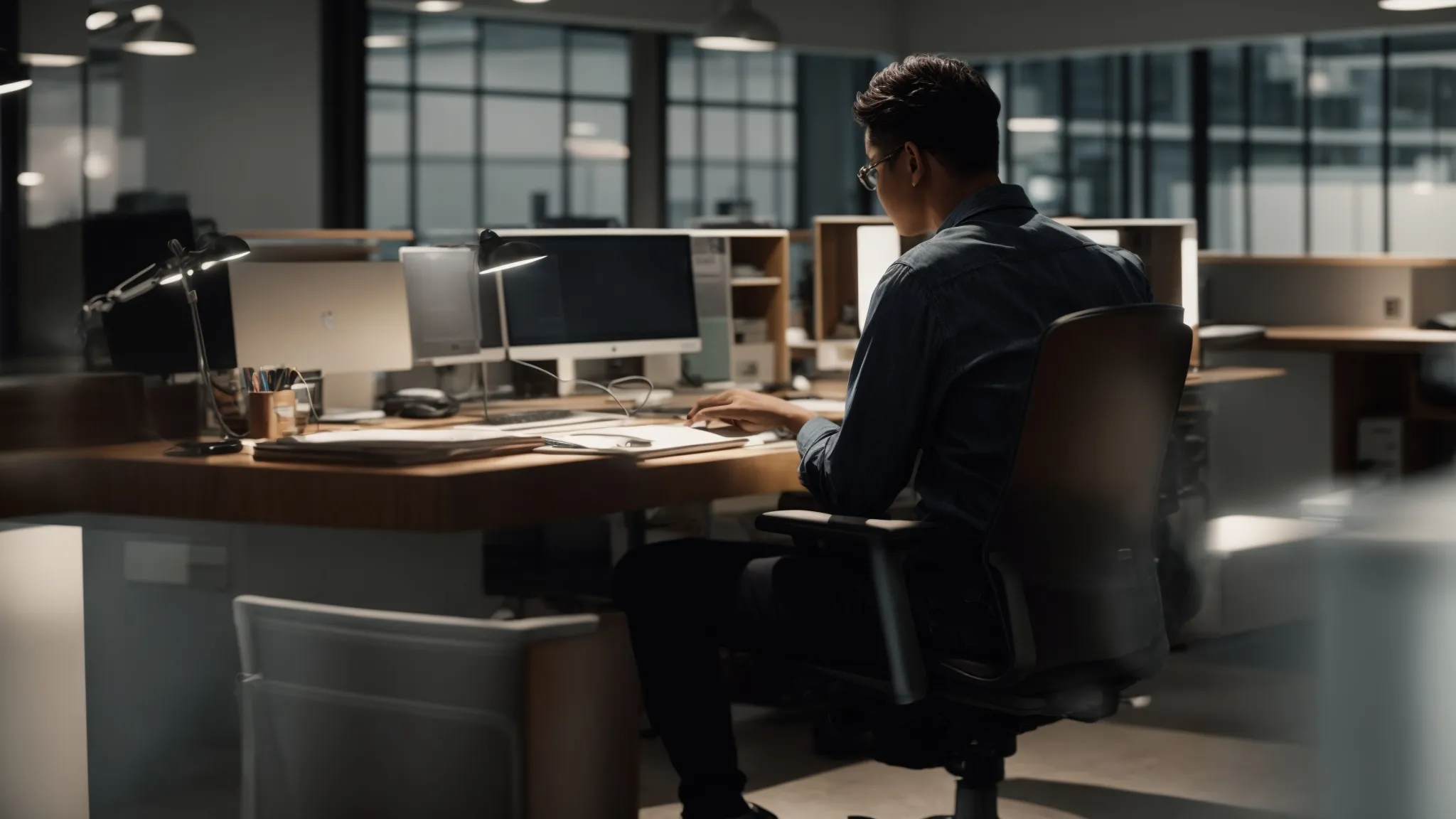 a person sits at a computer in a well-lit office, drafting an email.