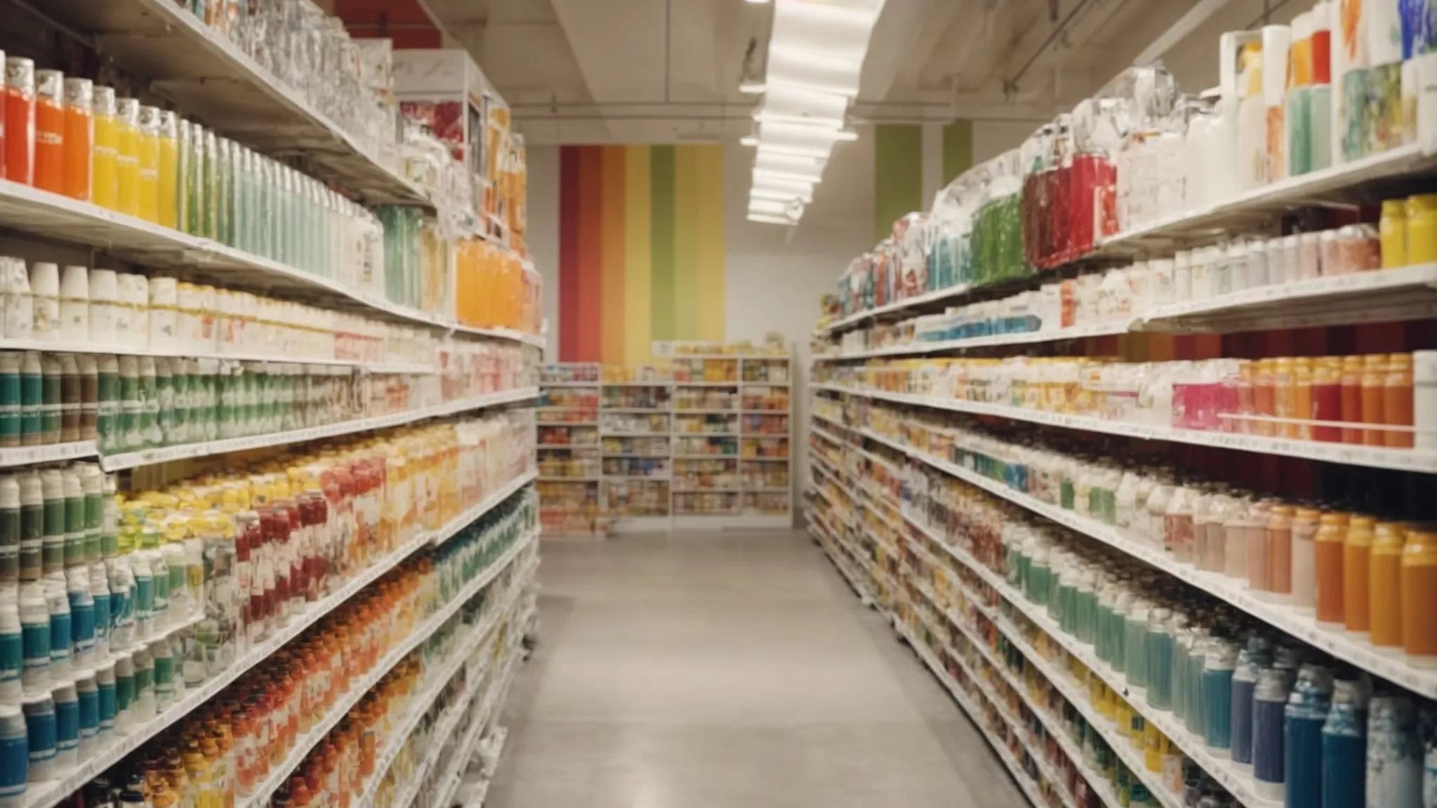 a brightly lit interior view of an upscale paint store in florida, displaying rows of elegantly arranged paint cans and finishes.