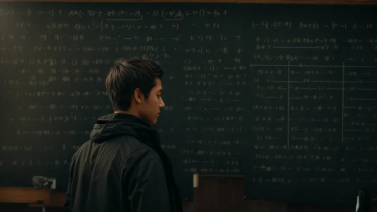 a student stands in front of a blackboard filled with graphs and mathematical equations.