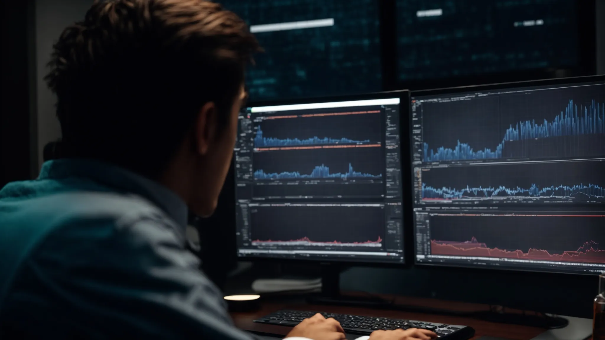 a person is sitting in front of a computer, analyzing complex digital graphs and charts on the screen.