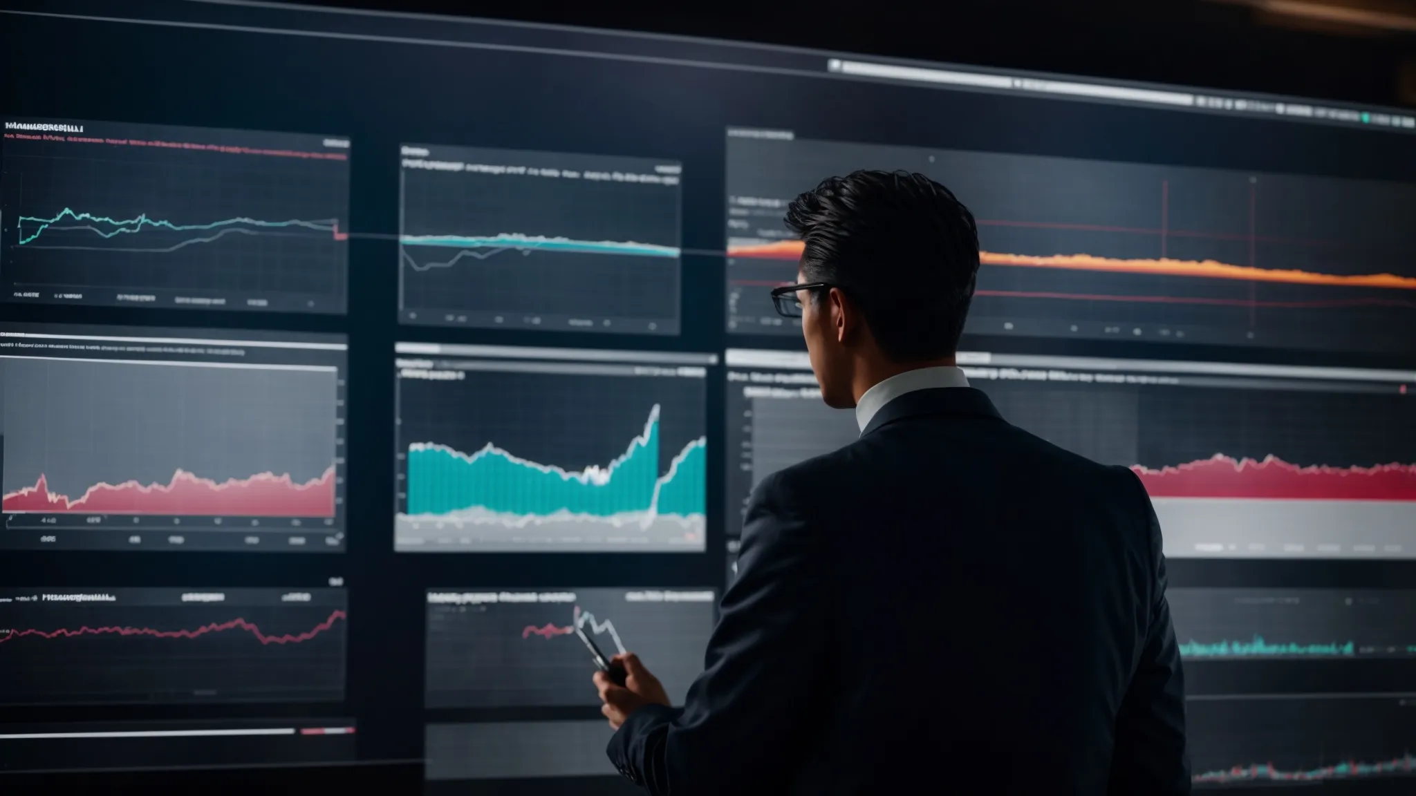 a marketing professional analyzing graphs and charts on a digital screen showing advertising performance metrics.
