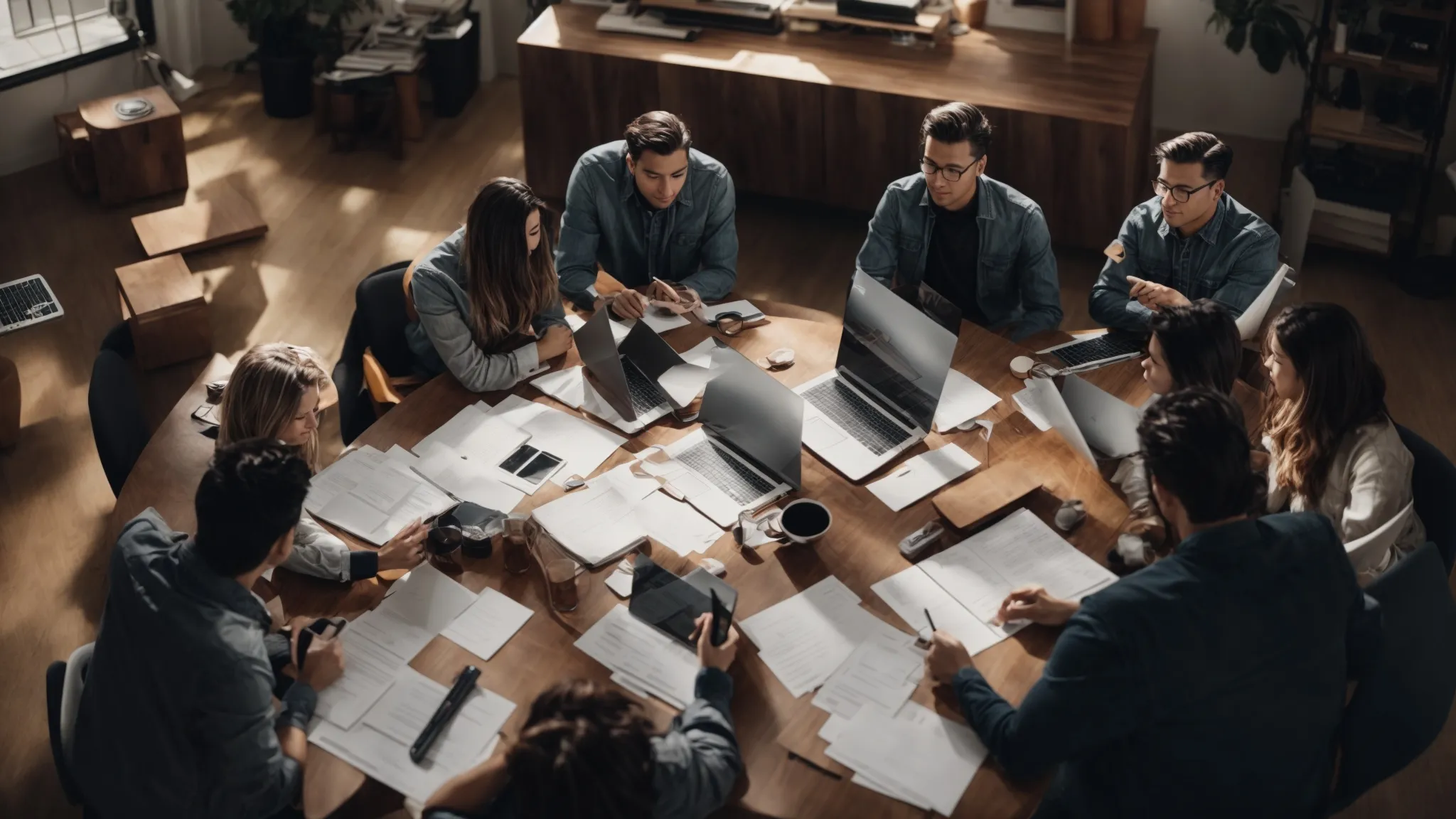 a wide-angle view of a digital marketing team brainstorming around a large table laden with laptops and strategy documents.