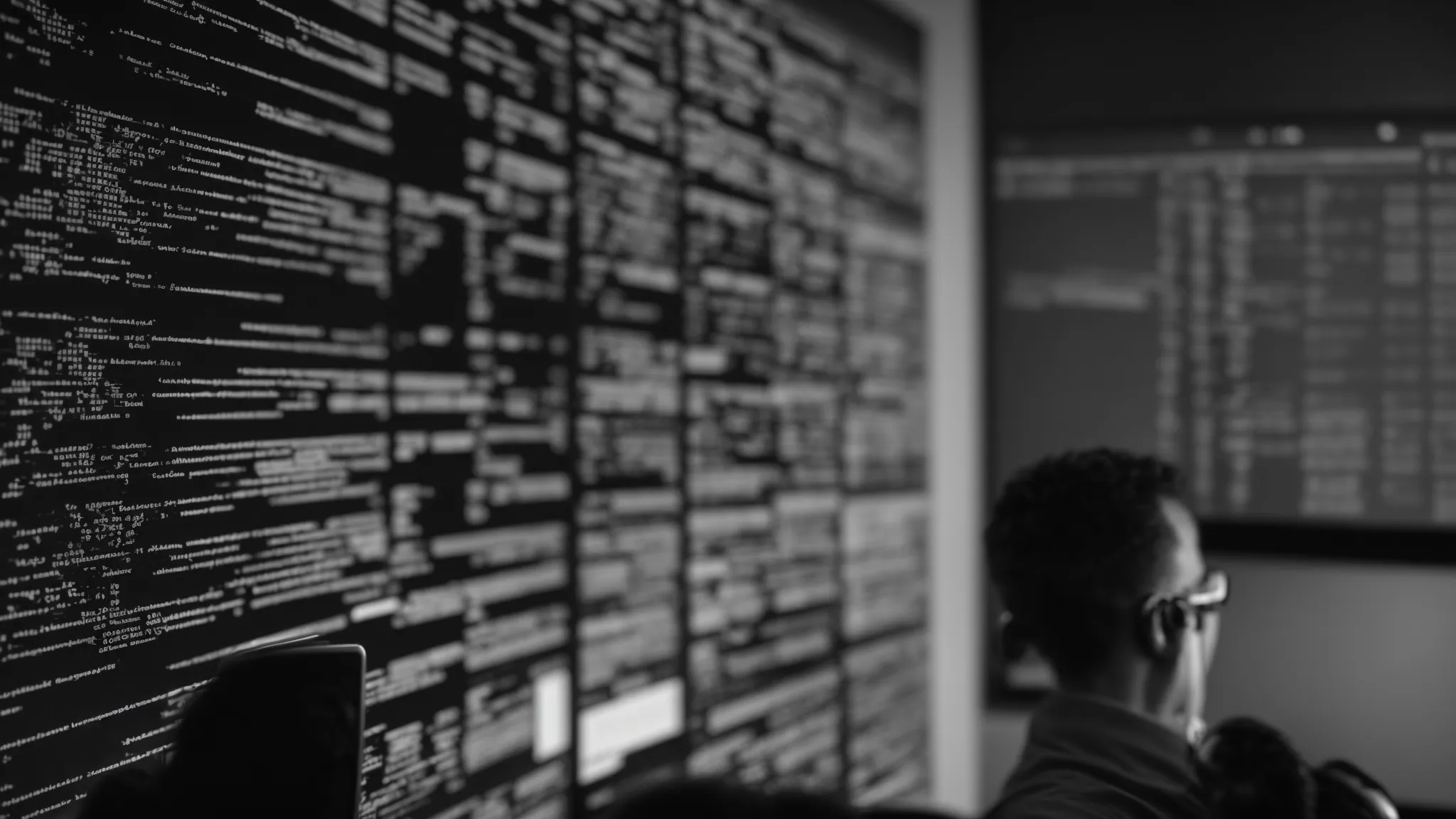 a web developer scrutinizes lines of code on a computer screen, optimizing a website's performance and security.