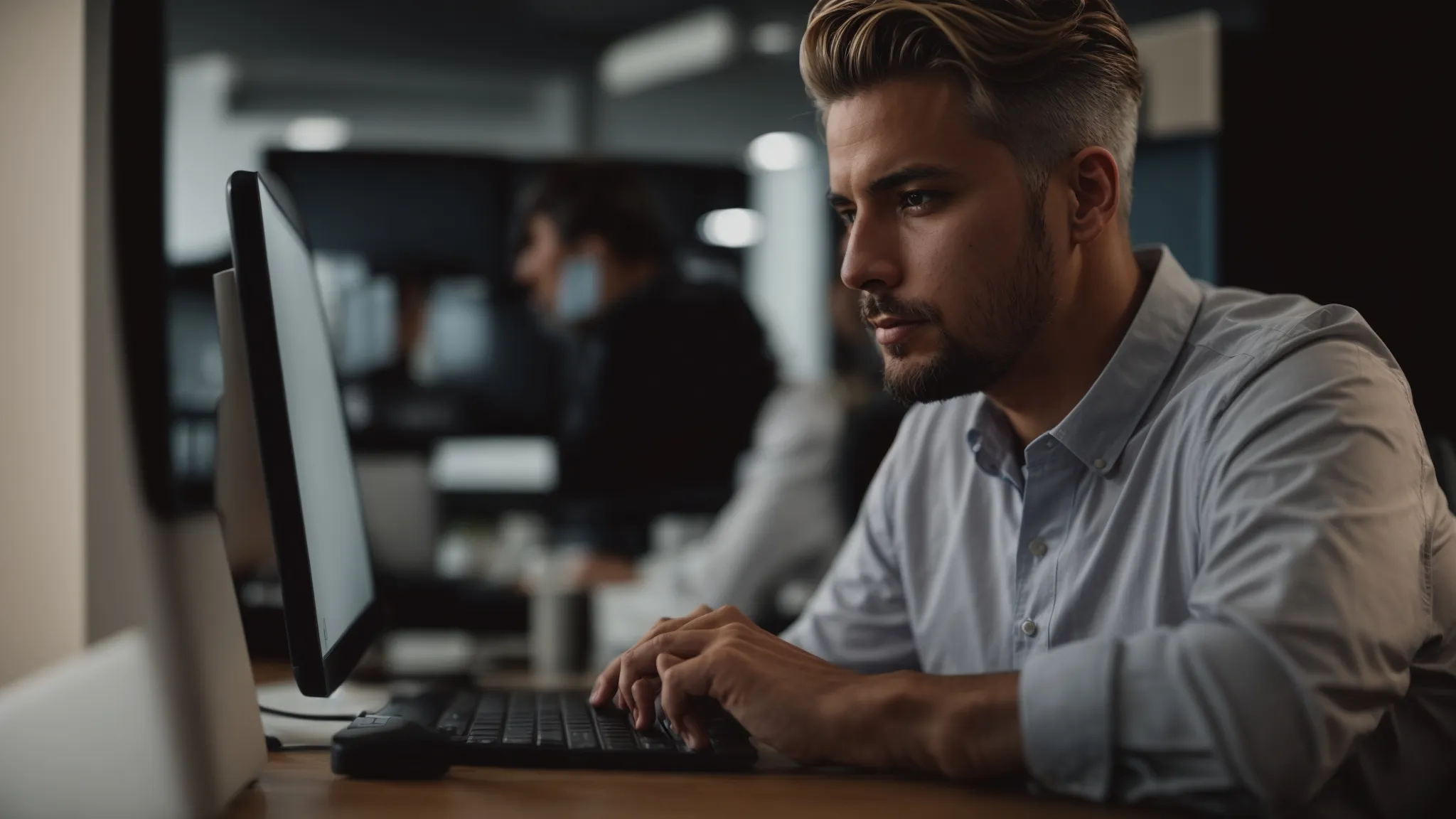 a business owner sits at a computer responding to online reviews with a focused and thoughtful expression.