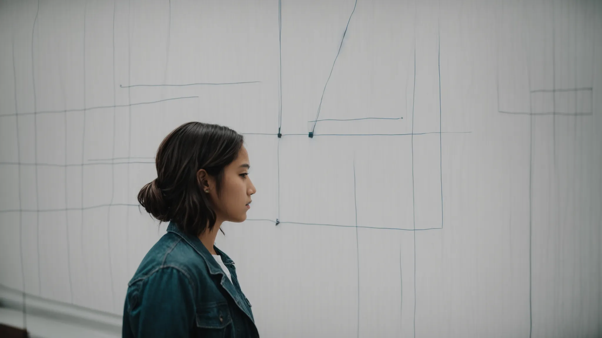 a student stands in front of a large whiteboard, drawing lines that intersect across a grid.