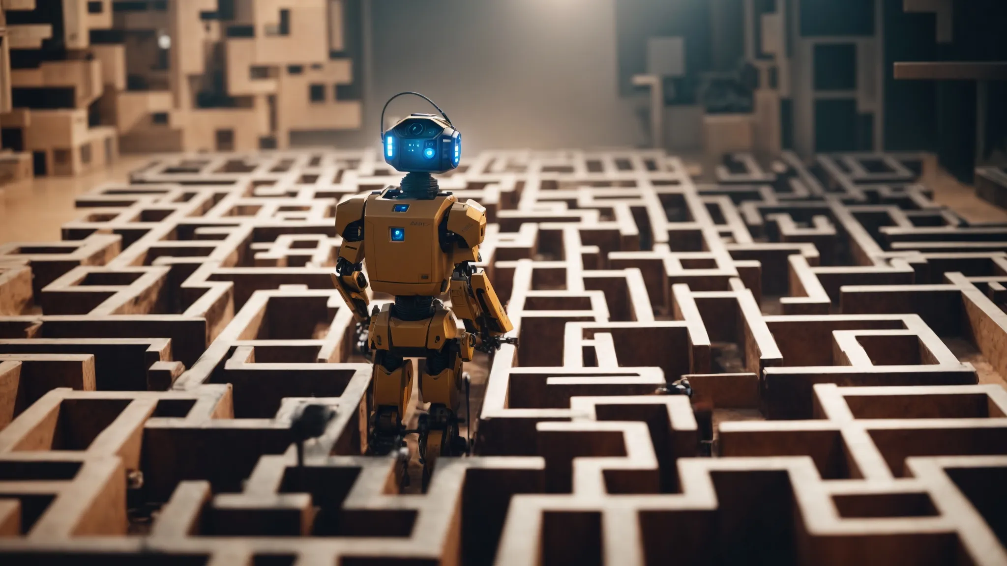 a robot navigates through a maze, autonomously adjusting its path after hitting a dead end.