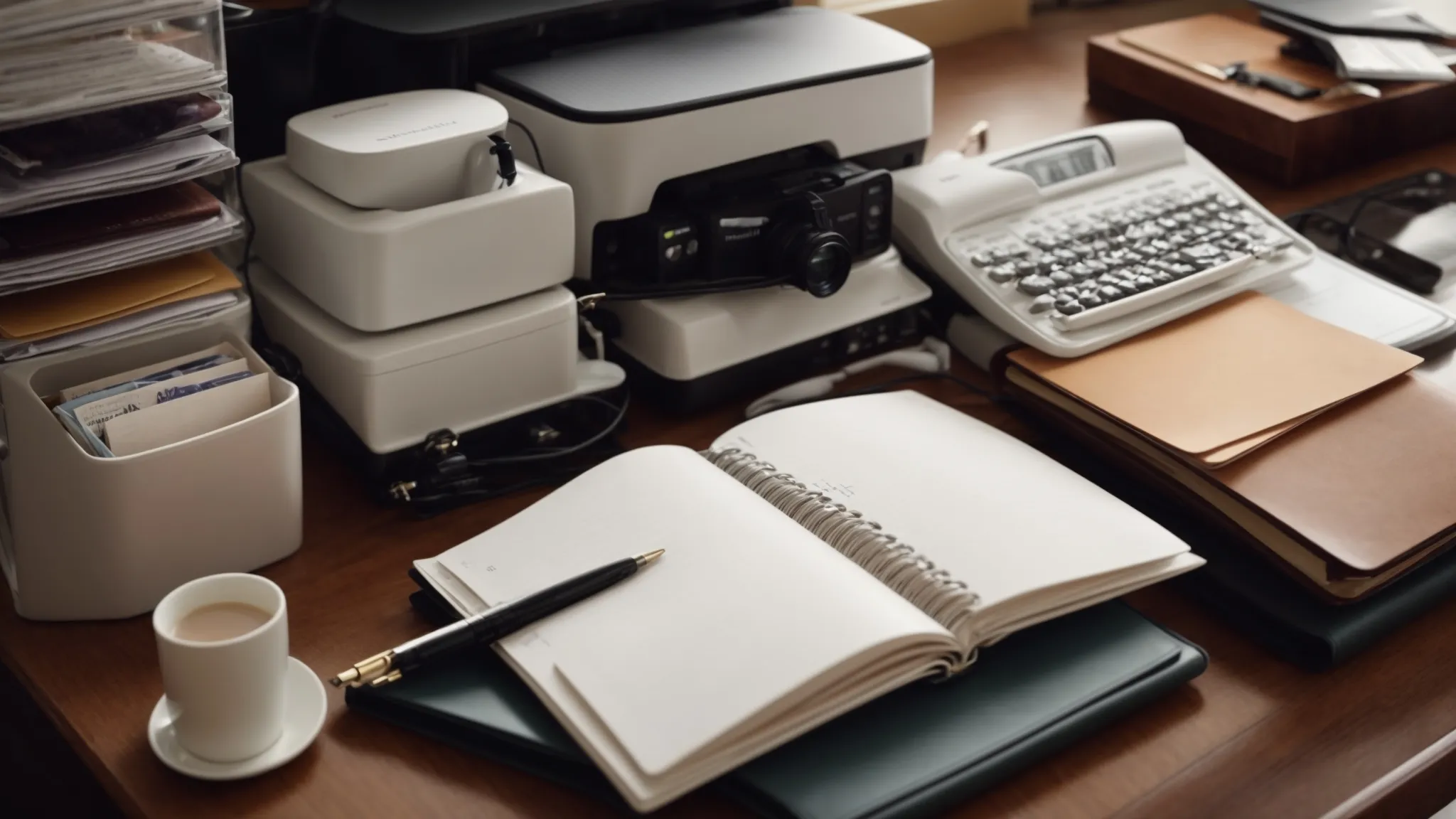 a beautifully organized desk with a computer in the center, flanked by neatly arranged stationery and an open planner.