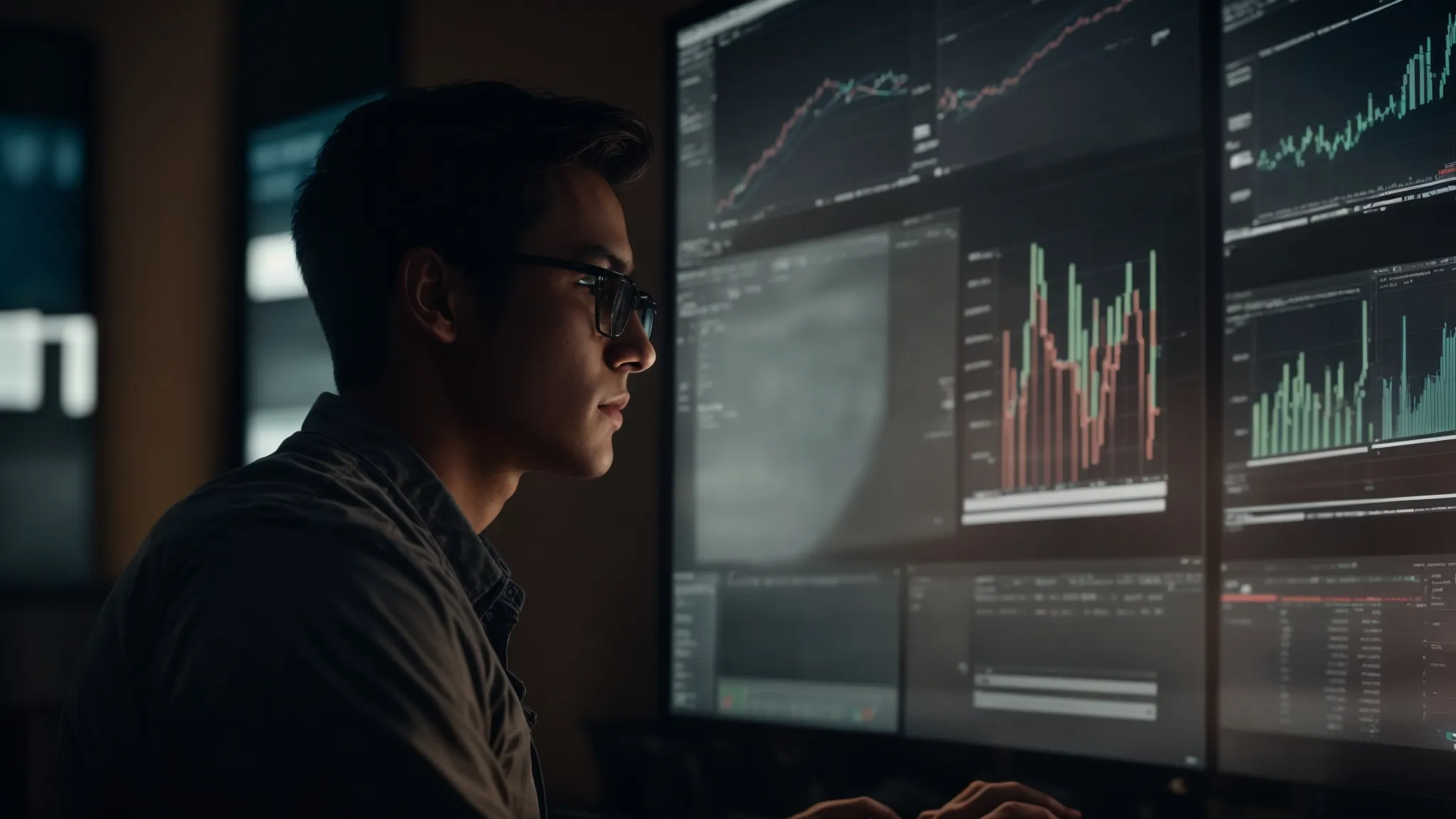 a person thoughtfully analyzing charts and graphs on a computer screen, illustrating digital campaign performance.