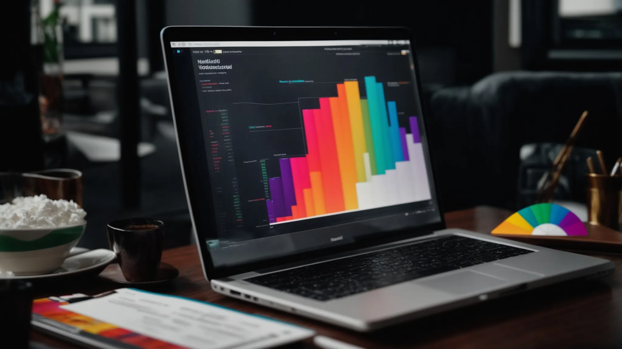 a laptop displaying colorful charts and graphs on its screen, placed on a table surrounded by marketing analysis reports.