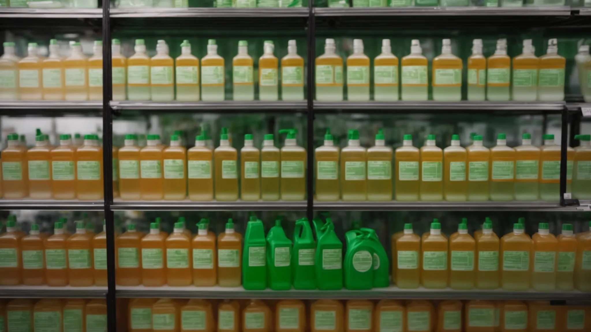 a row of eco-friendly floor cleaner bottles sit lined up on a store shelf under a green sign.