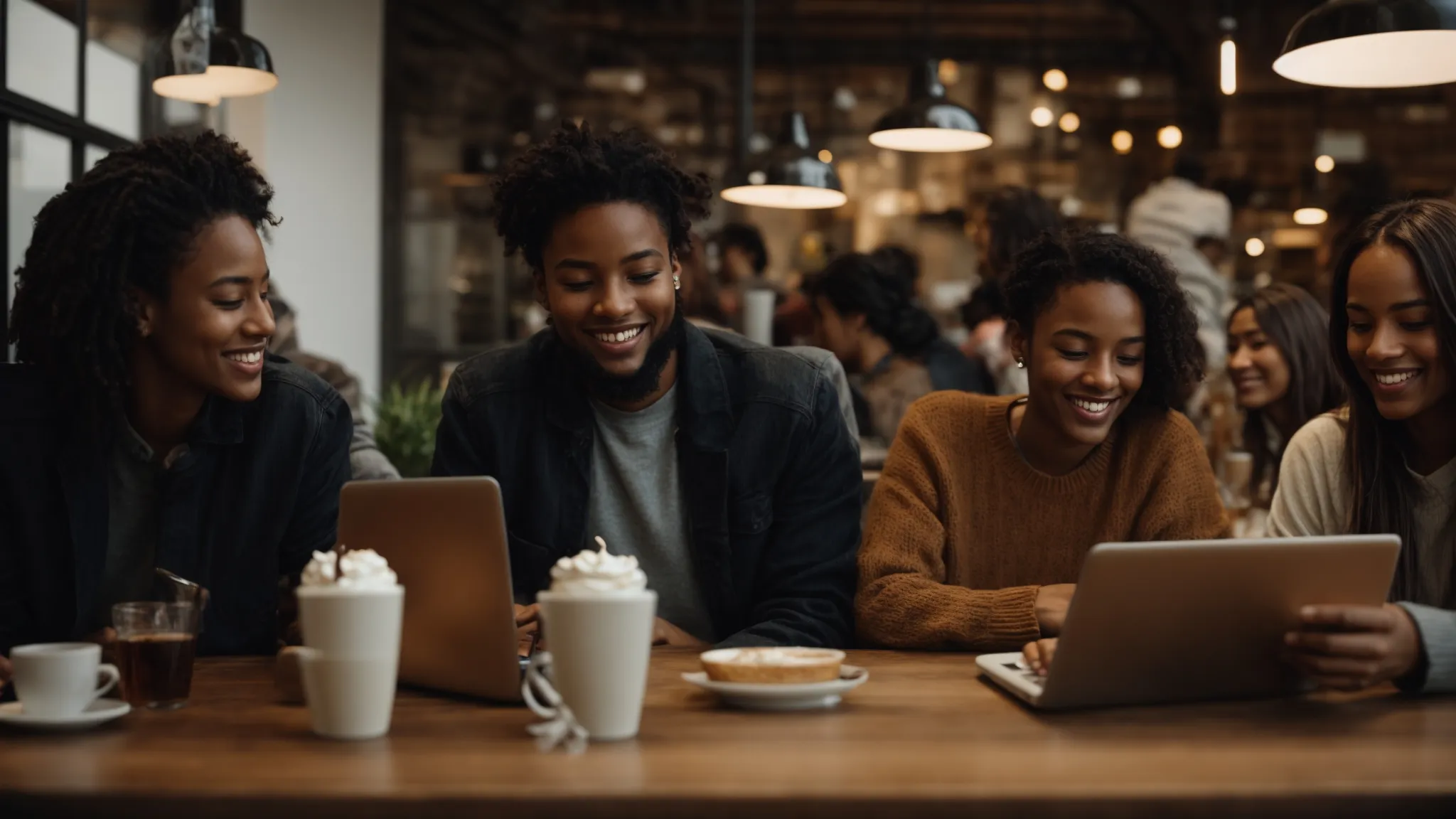 a group of smiling people gathered around a table in a caf&eacute;, each person browsing on their own laptop or smartphone.
