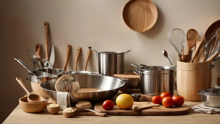 a wooden table adorned with a variety of kitchen utensils, including a whisk, rolling pin, measuring spoons, and a mixing bowl, set against a bright, neutral background.