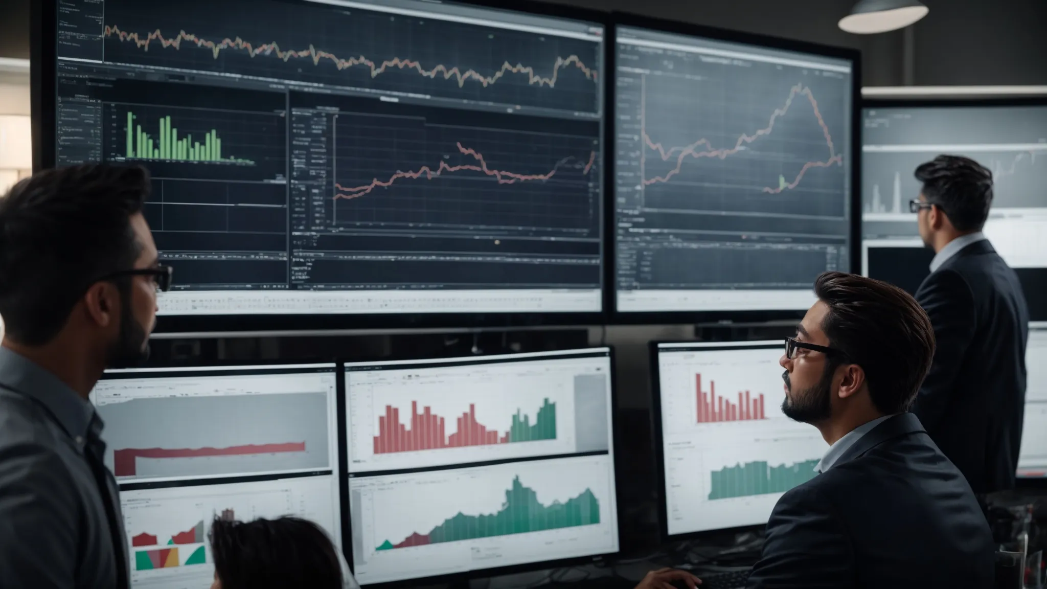 a group of professionals intently examines charts and graphs on a large monitor, comparing various options.