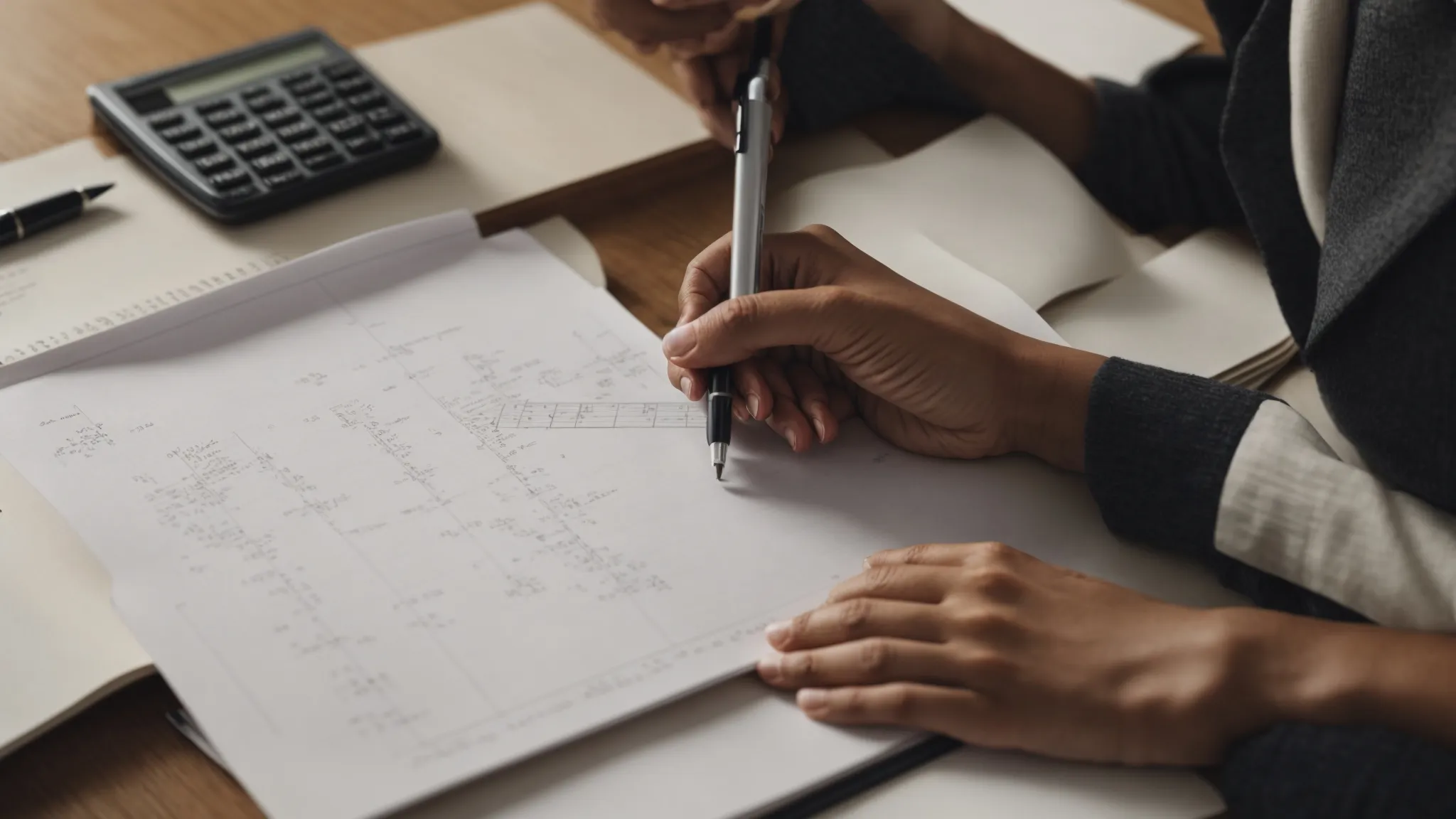 a person sketches a bridge design on paper while another uses a calculator for budgeting, illustrating the diverse real-world applications of linear equations.