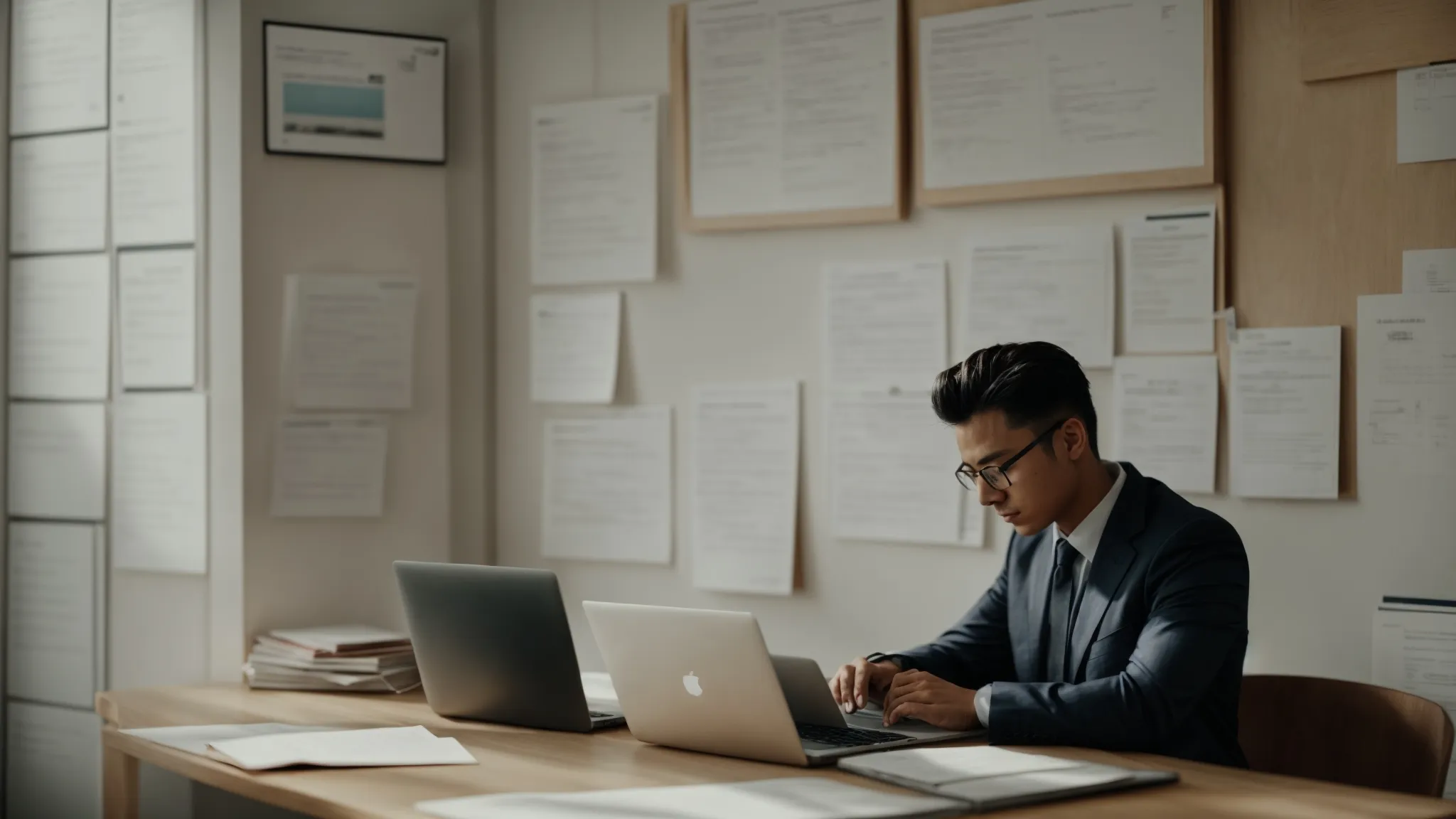 a person at a desk with a laptop on one side and work documents on the other, looking thoughtfully at a wall with a clock.