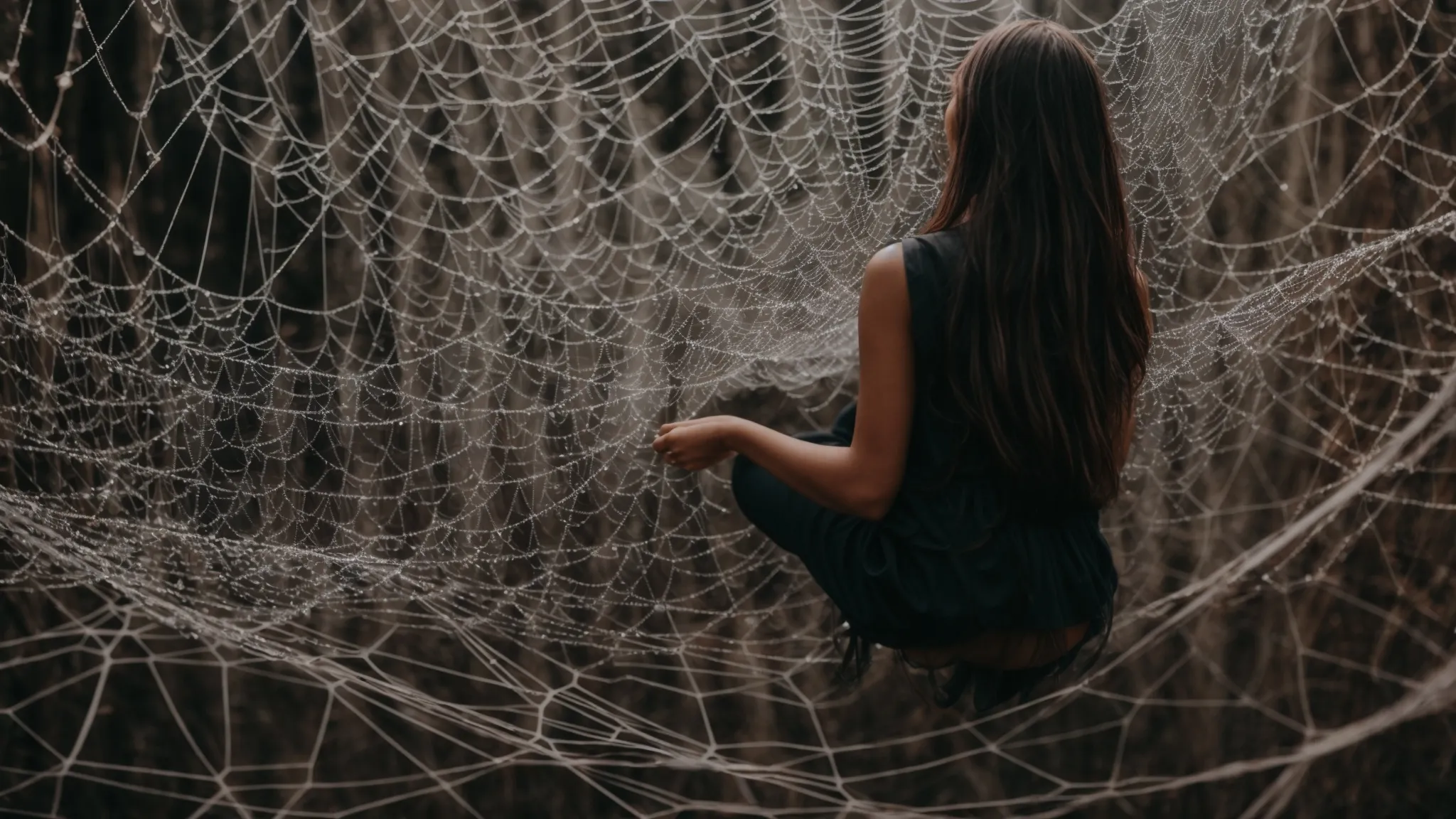 a person intently studies a large, intricate web connecting various nodes.