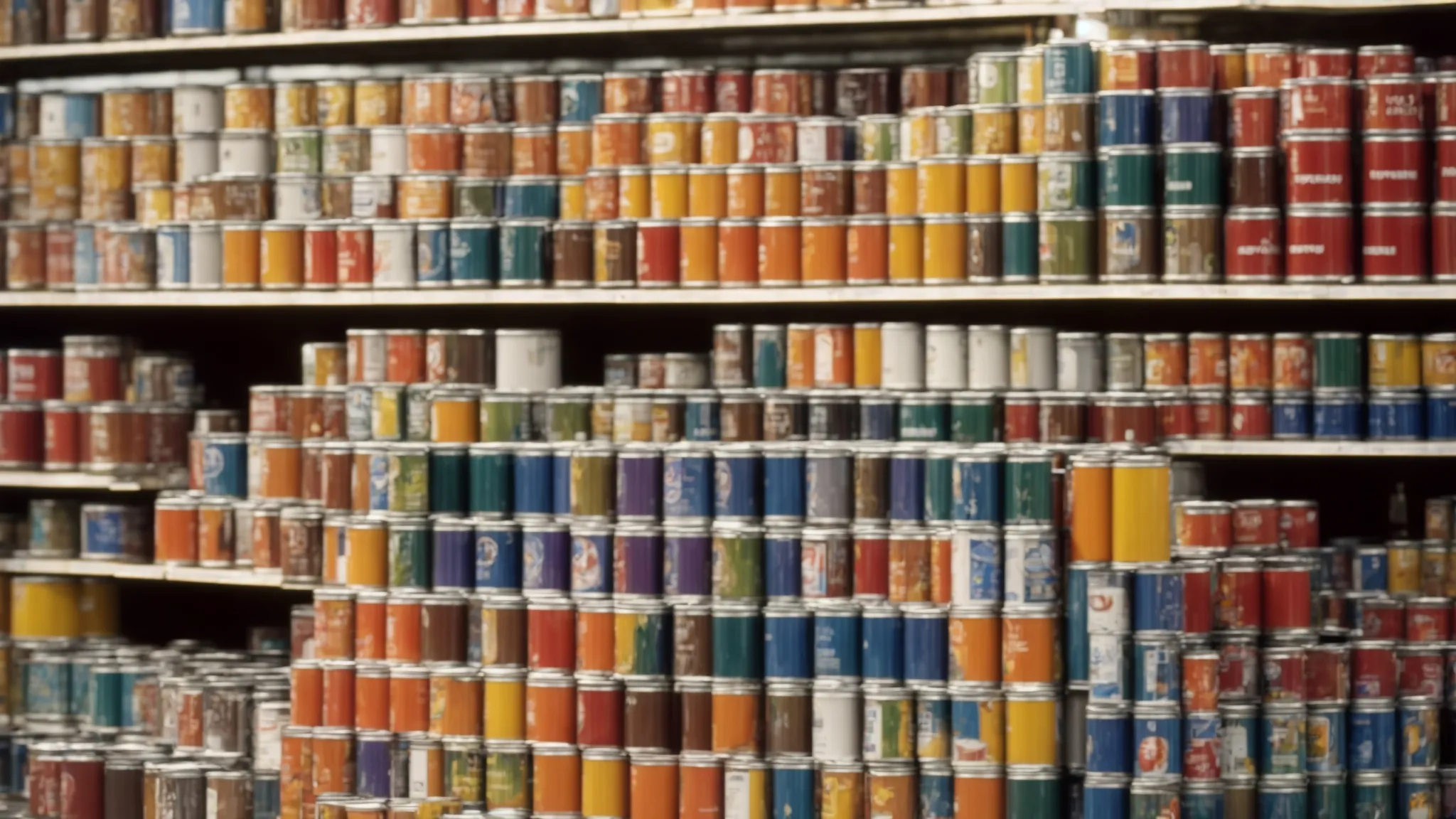 a vibrant display of paint cans arranged on shelves, with a sunny florida landscape visible through the store window.
