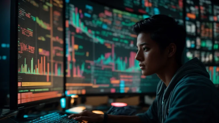 a person stares intently at a computer screen displaying colorful graphs and charts of social media activity.