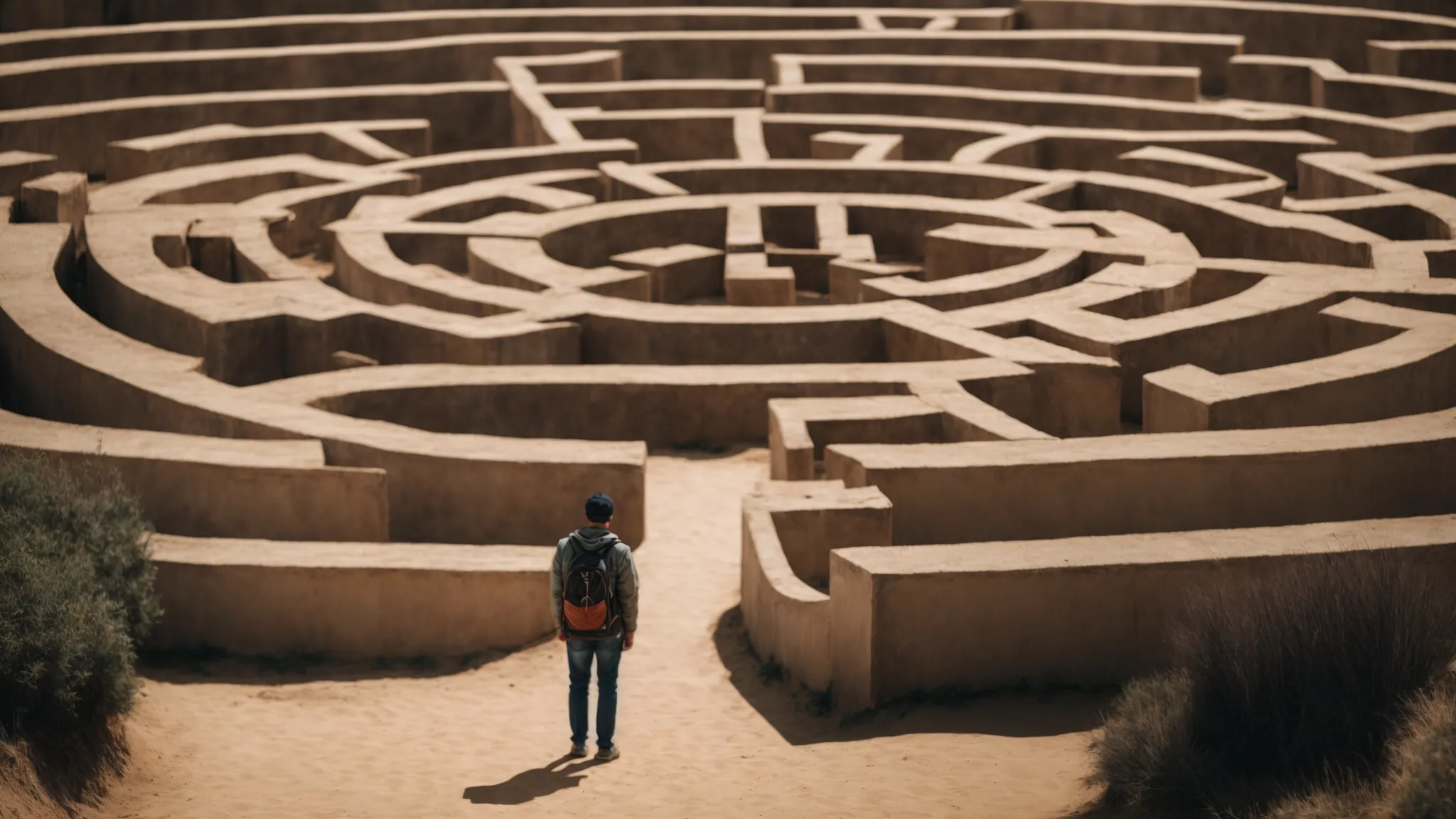 a determined individual stands at the entrance of a large maze under a clear sky, contemplating the path ahead.