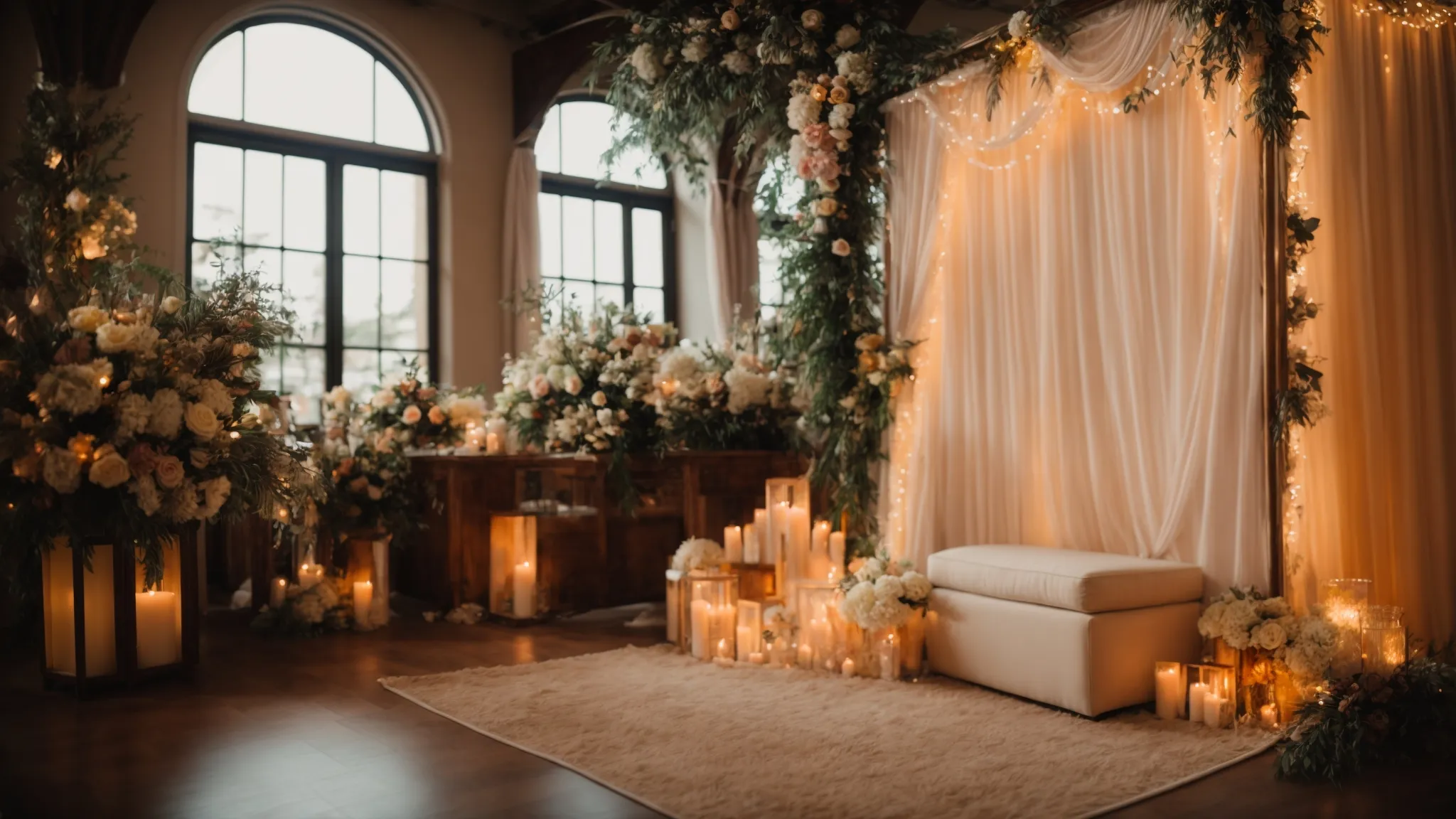 a photo booth, embellished with thematic decorations and glowing with soft, inviting lights, stands ready amidst the festive ambiance of a wedding celebration.