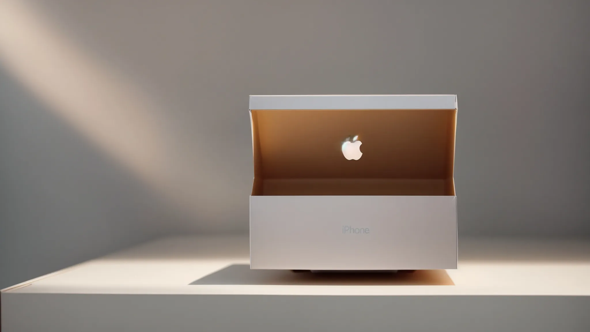 a person gingerly lifting the top off a sleek, packaged box to reveal the new iphone inside, bathed in soft light.