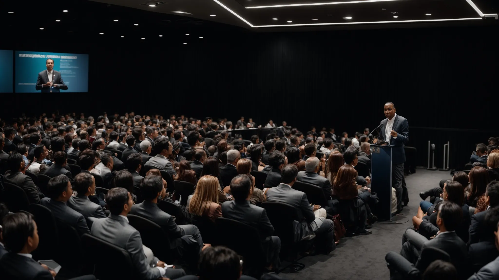 a speaker addresses an attentive audience at a digital marketing conference, spotlighting the importance of strategic link building.