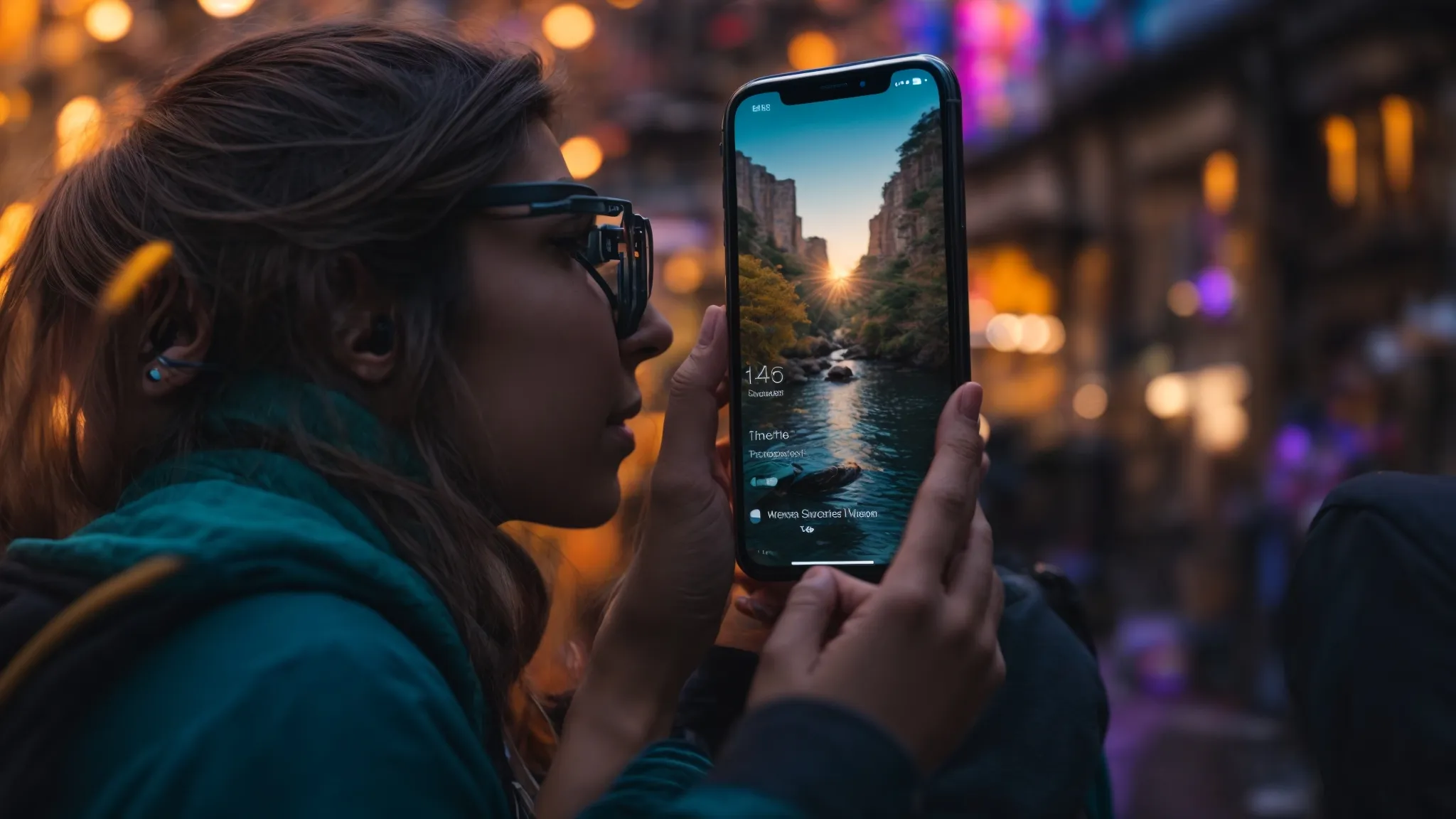 a user joyfully exploring the fluid interface of the latest iphone, fully immersed in the vibrant ecosystem of apps and features.