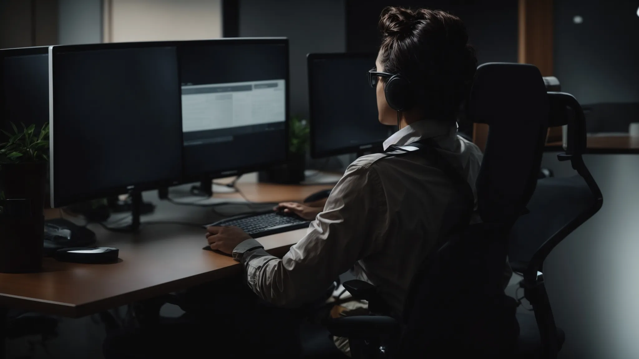 a person sitting comfortably in an ergonomic office chair that adjusts to their posture, focusing intently on a computer screen.