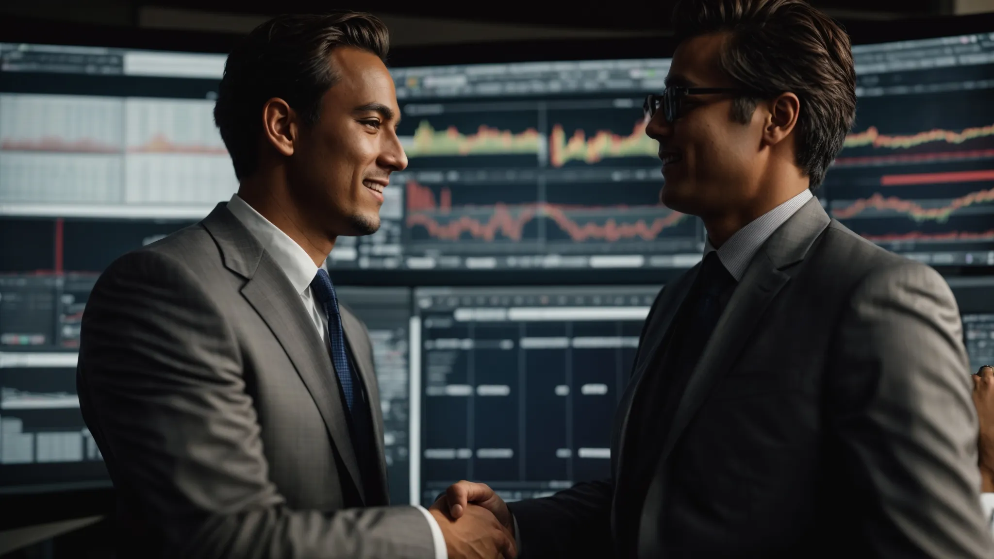 two professionals shaking hands in front of a computer displaying website analytics.