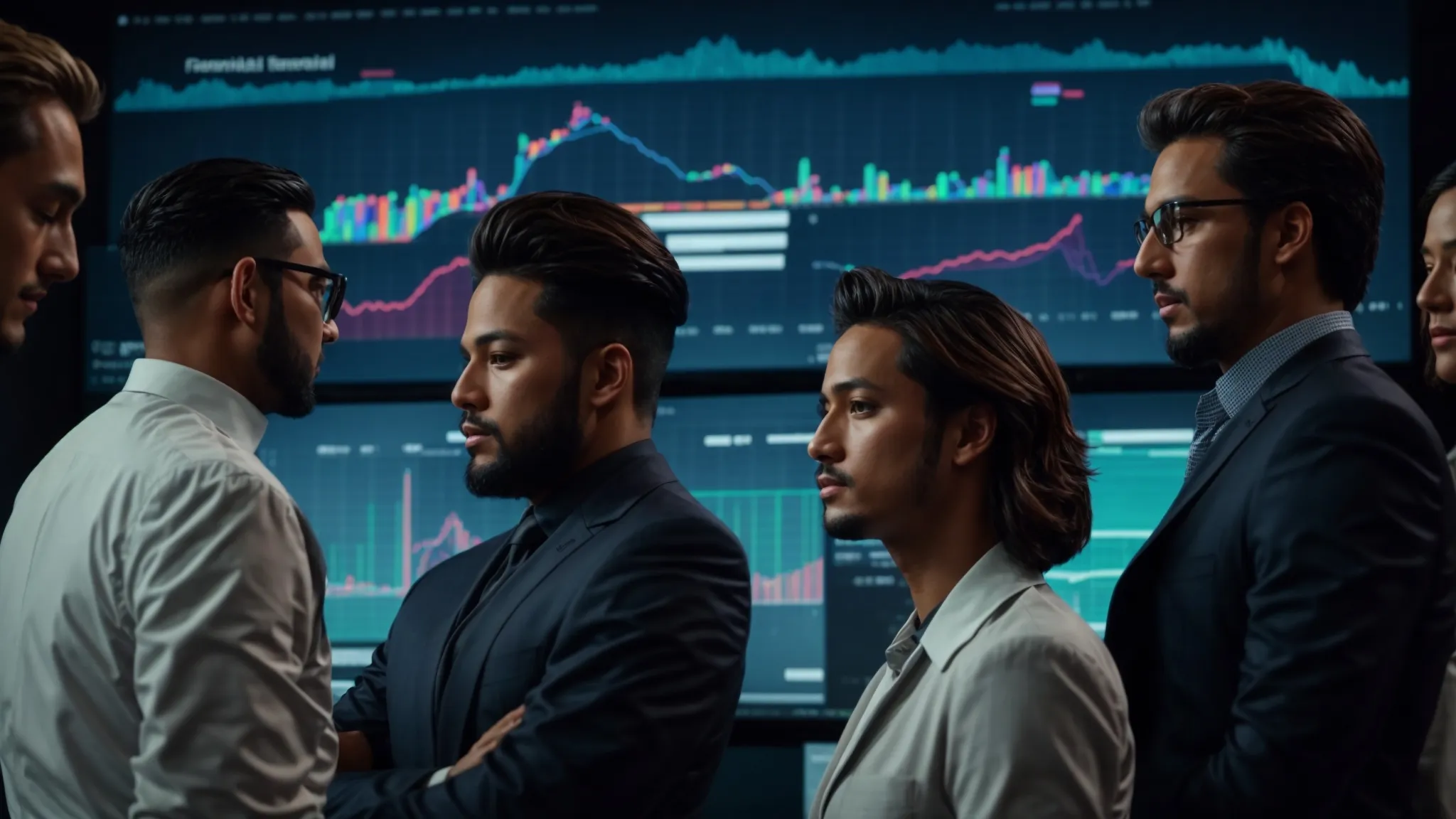 a group of professionals gathered around a large digital screen displaying colorful graphs and social media metrics.