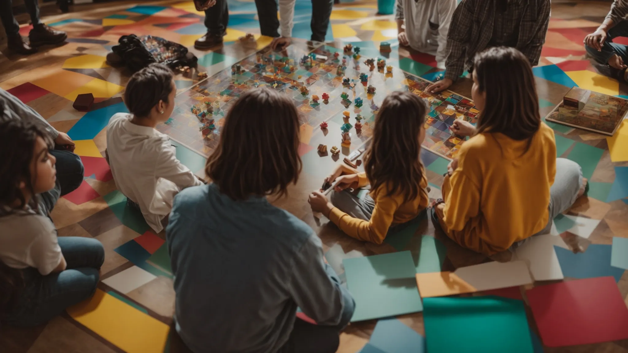 a group of people intensely focused on a board game, plotting their next move amidst an array of colorful pieces.