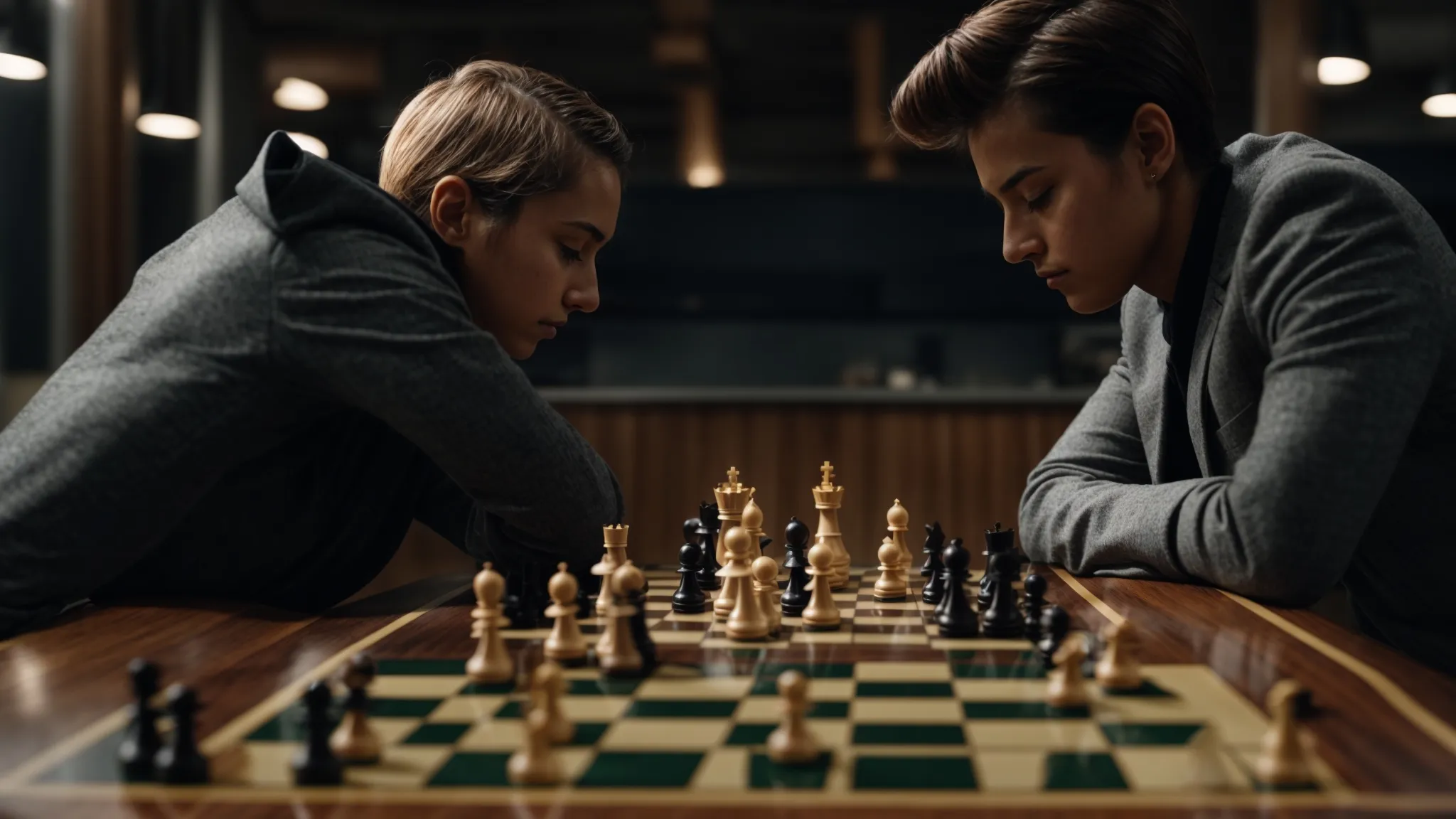 two chess players intently study a board, where pieces are arranged in the initial phase of a queen's pawn opening.