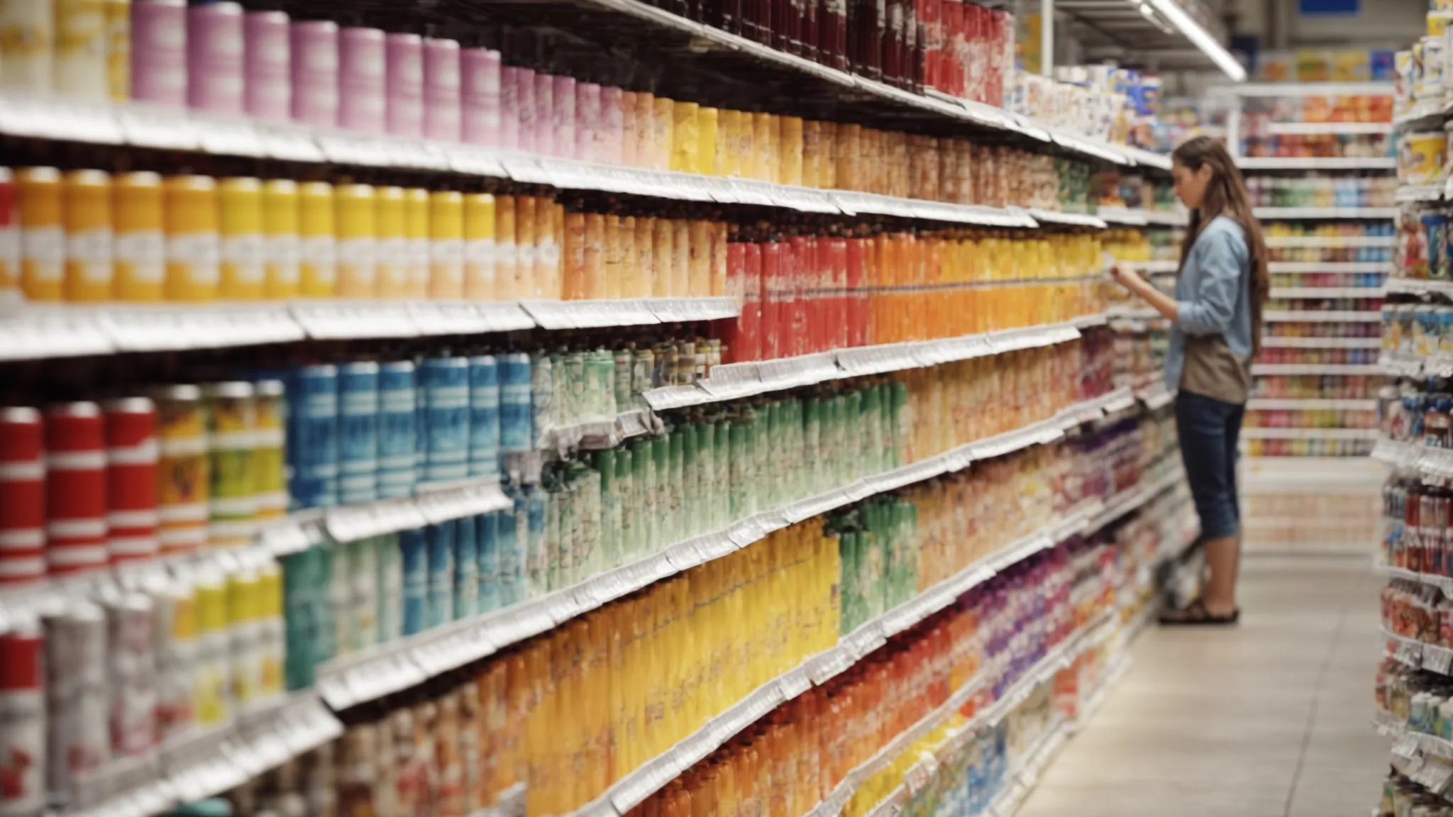 a person comparing paint cans in a brightly lit store aisle, with rows of colorful paint options in the background.