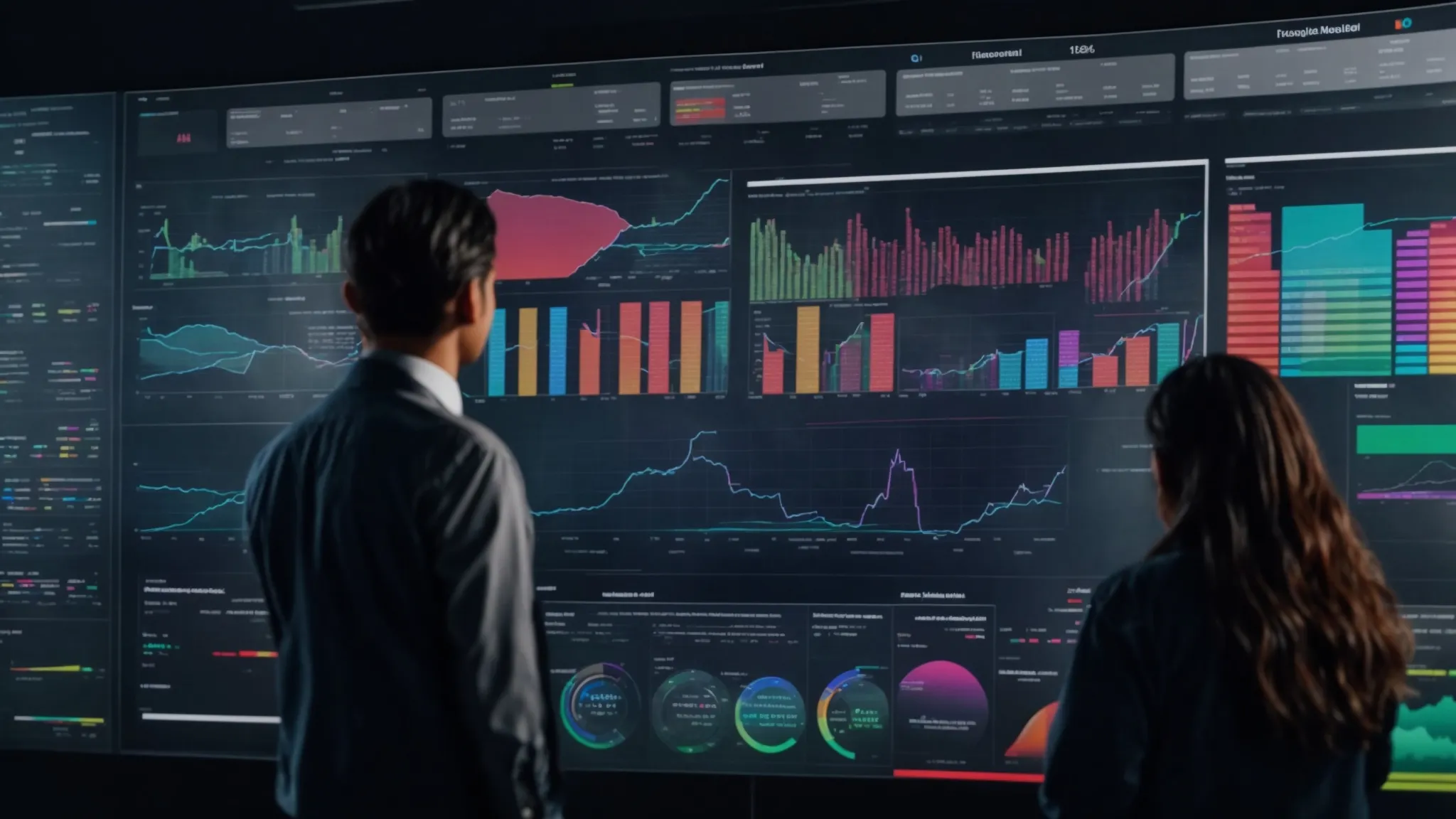 a group of professionals intently examines a large screen displaying colorful charts and graphs of social media analytics.