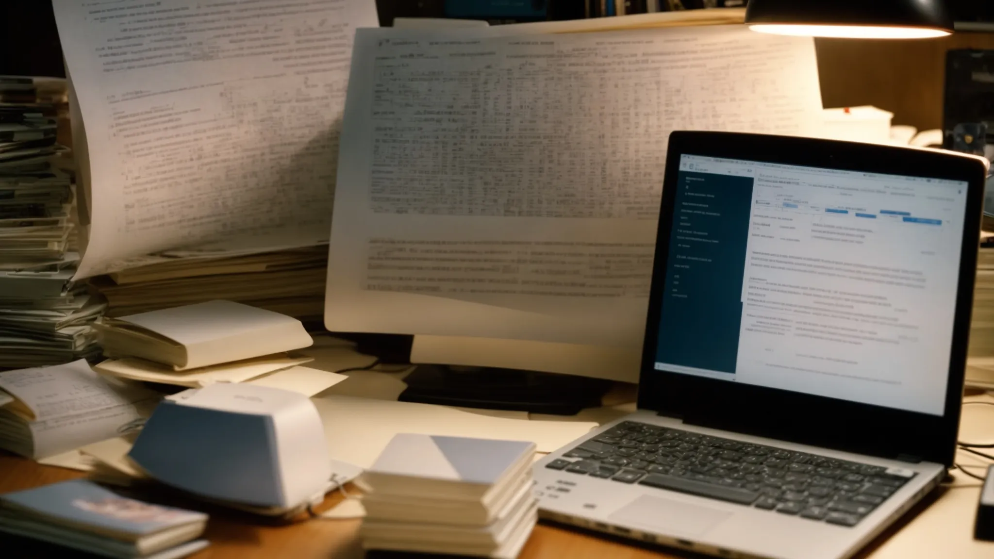 a cluttered desk with an open mathematics textbook and a lit-up computer screen displaying an equation-solving software interface.