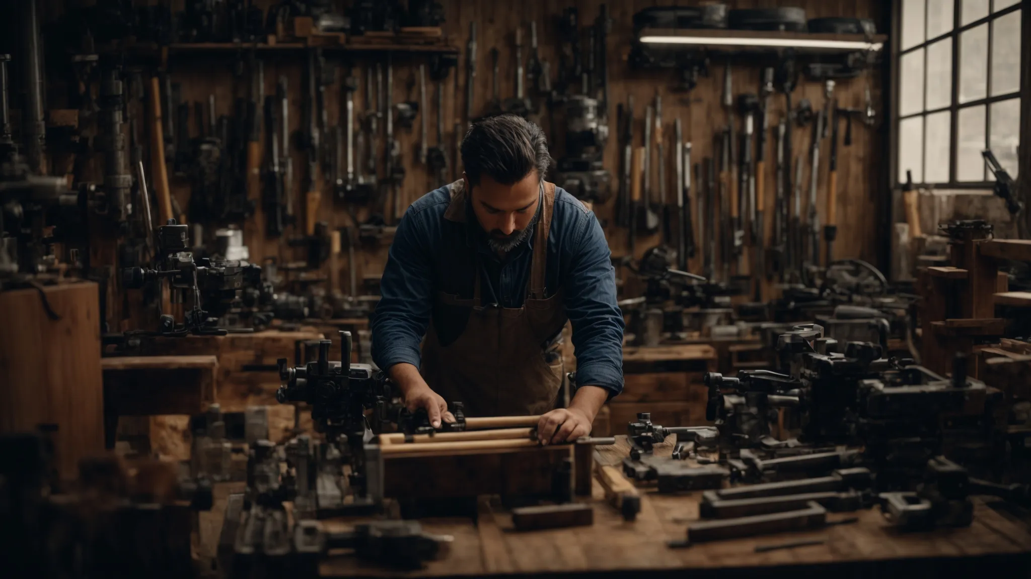 a person in a workshop stands surrounded by a variety of power tools and machinery, intently focused on a piece of wood.