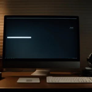 a blank computer screen is sitting on a modern desk, surrounded by dim ambient lighting.