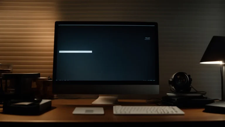 a blank computer screen is sitting on a modern desk, surrounded by dim ambient lighting.