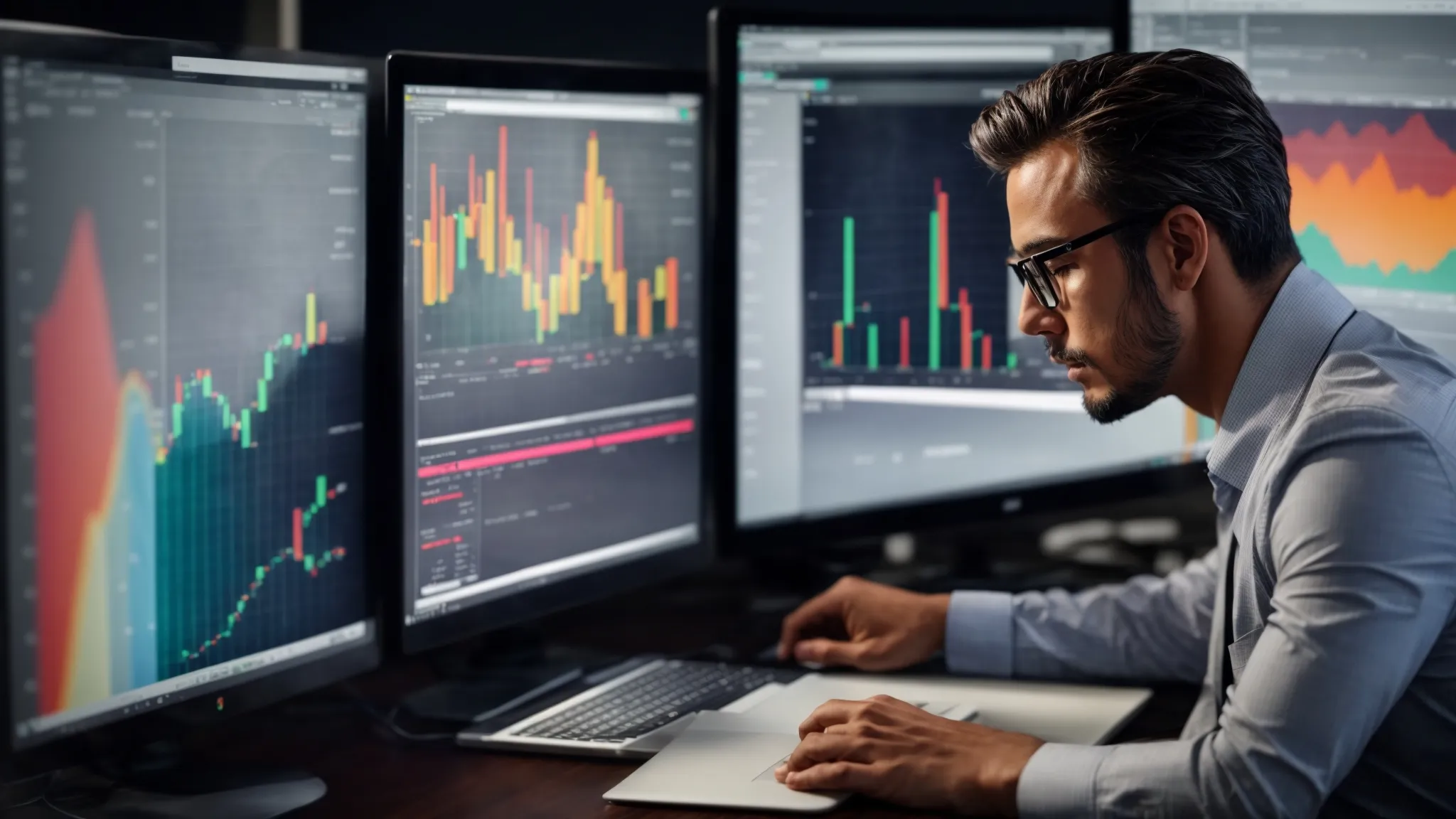 a marketer is intently studying a brightly lit computer screen displaying colorful graphs and charts related to website analytics.