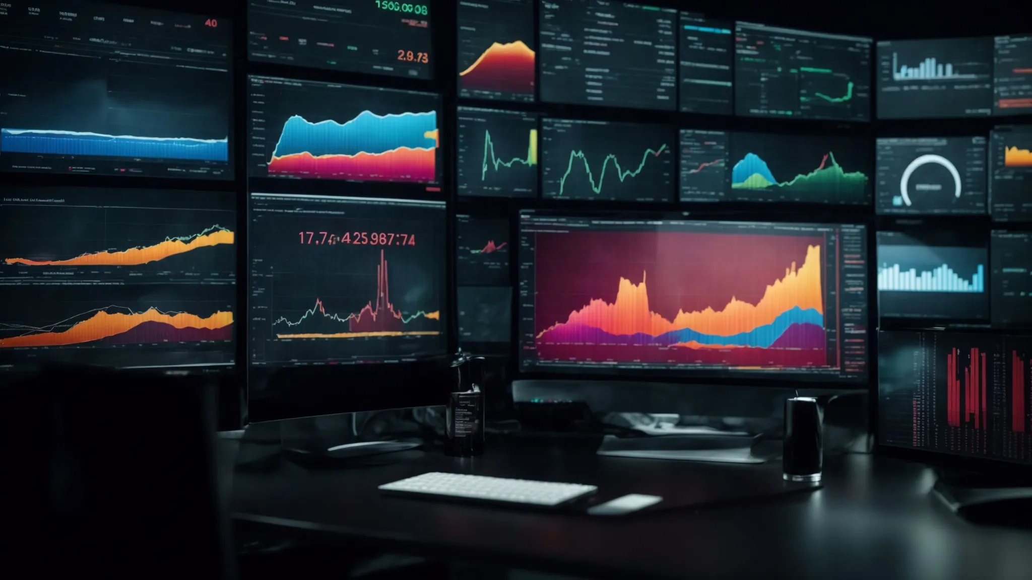 a wide computer screen displaying vibrant graphs and charts illustrating the growth in website traffic and rankings.